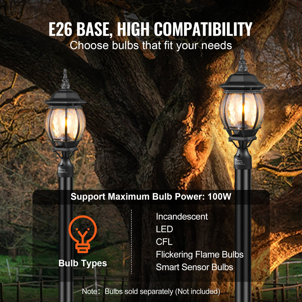 VEVOR 2 Pack Dusk to Dawn Outdoor Post Light, 20.87 in, Waterproof Lamp Post Light Fixtures with 5.5 in Pier Mount Base Glass Shade, Lightning-proof Exterior Pole Column Light for Patio Garden Pathway - FTYNHWZD2JZD98F8DV6 - view 5