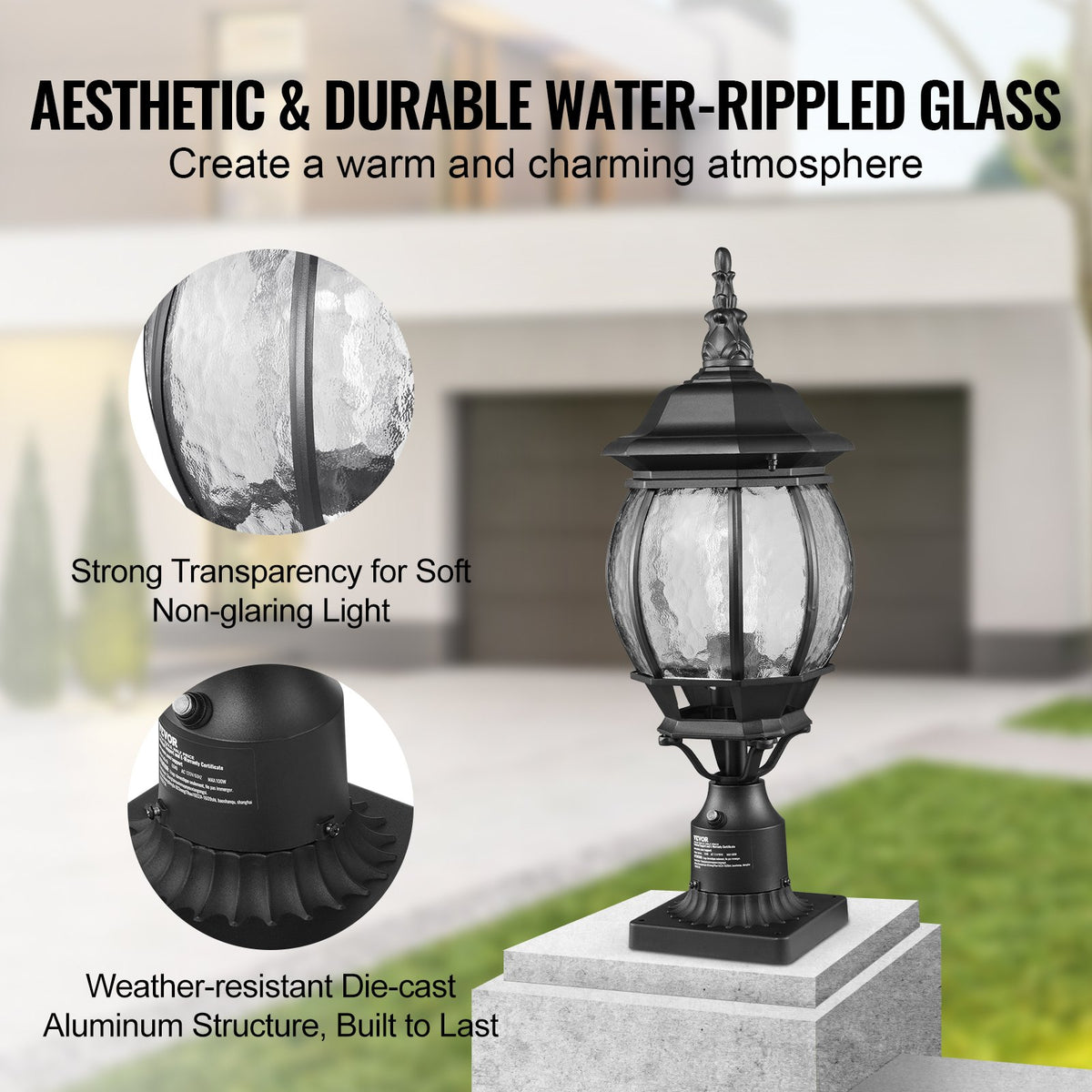 VEVOR 2 Pack Dusk to Dawn Outdoor Post Light, 20.87 in, Waterproof Lamp Post Light Fixtures with 5.5 in Pier Mount Base Glass Shade, Lightning-proof Exterior Pole Column Light for Patio Garden Pathway - FTYNHWZD2JZD98F8DV6 - view 7