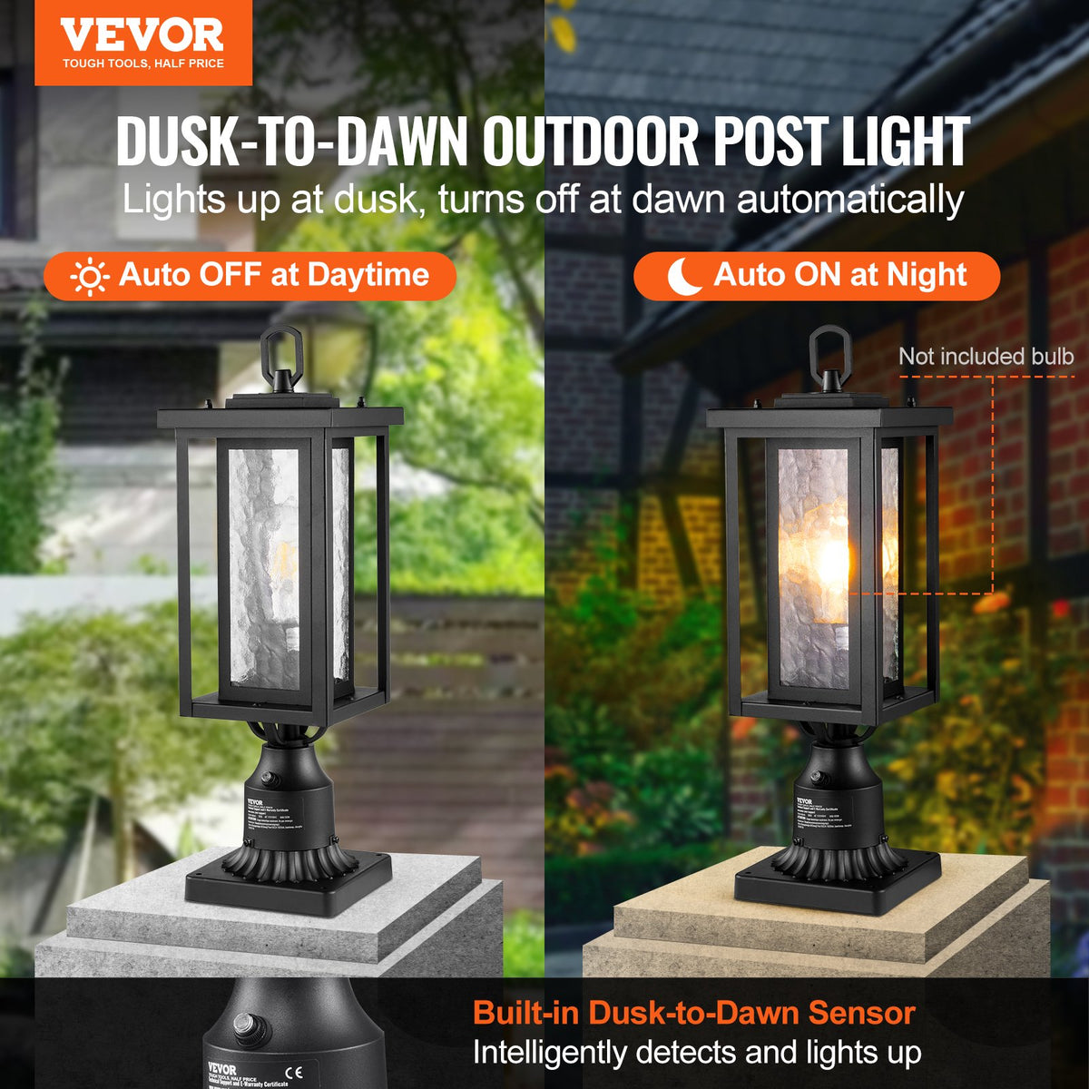 VEVOR 2 Pack Dusk to Dawn Outdoor Post Light, 17.72 in, Waterproof Lamp Post Light Fixtures with 3.5 in Pier Mount Base Glass Shade, Lightning-proof Exterior Pole Column Light for Patio Garden Pathway - FTYNHWZDDDZ1FWLF5V6 - view 3