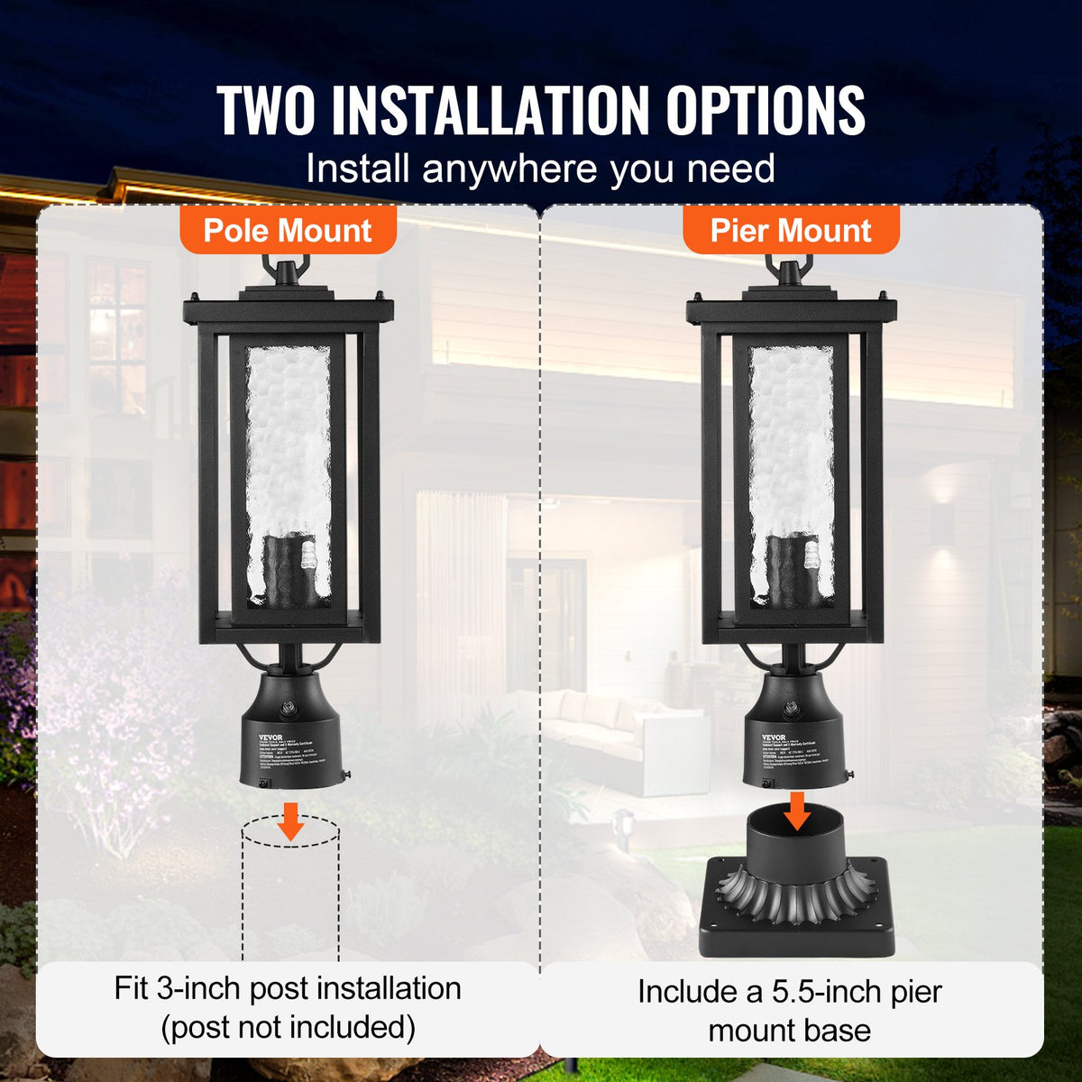 VEVOR 2 Pack Dusk to Dawn Outdoor Post Light, 17.72 in, Waterproof Lamp Post Light Fixtures with 3.5 in Pier Mount Base Glass Shade, Lightning-proof Exterior Pole Column Light for Patio Garden Pathway - FTYNHWZDDDZ1FWLF5V6 - view 6