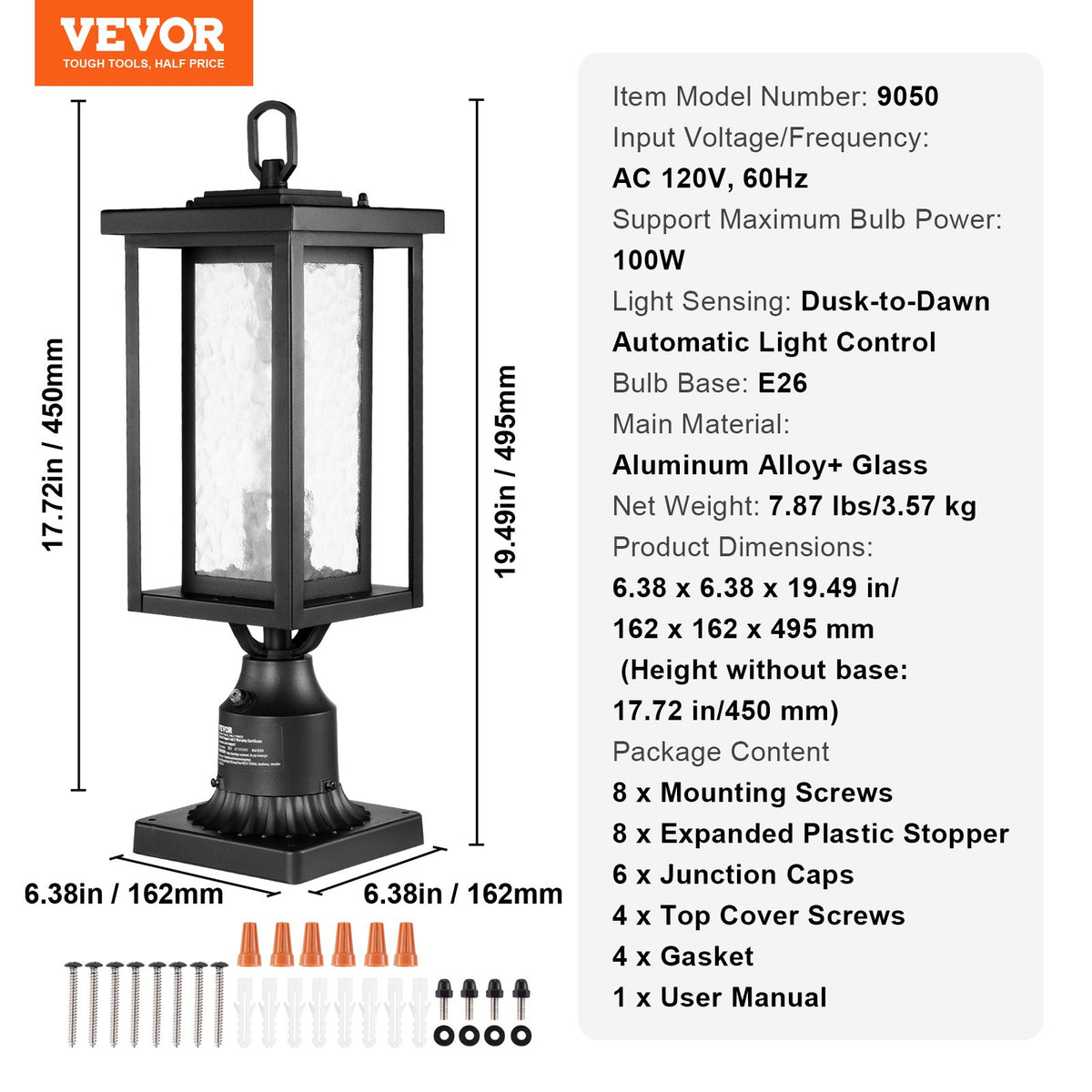 VEVOR 2 Pack Dusk to Dawn Outdoor Post Light, 17.72 in, Waterproof Lamp Post Light Fixtures with 3.5 in Pier Mount Base Glass Shade, Lightning-proof Exterior Pole Column Light for Patio Garden Pathway - FTYNHWZDDDZ1FWLF5V6 - view 8