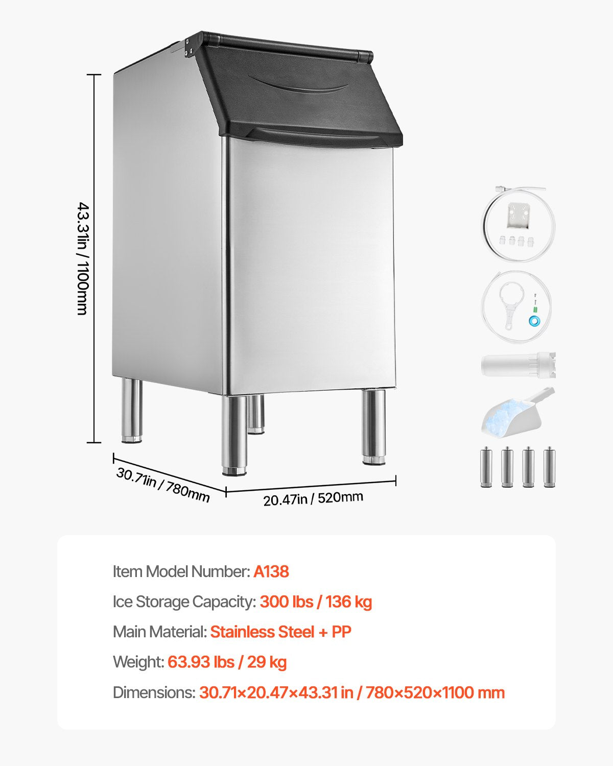 VEVOR Commercial Ice Maker Storage Bin, 300 LBS Capacity Ice-Bin, Stainless Steel Commercial Ice Storage Bin with Adjustable Anti-slip Rubber Feet, Suitable for Restaurant Hotel and Beverage Shops - FTZBJBTX260L1AZ5P001V0 - view 8