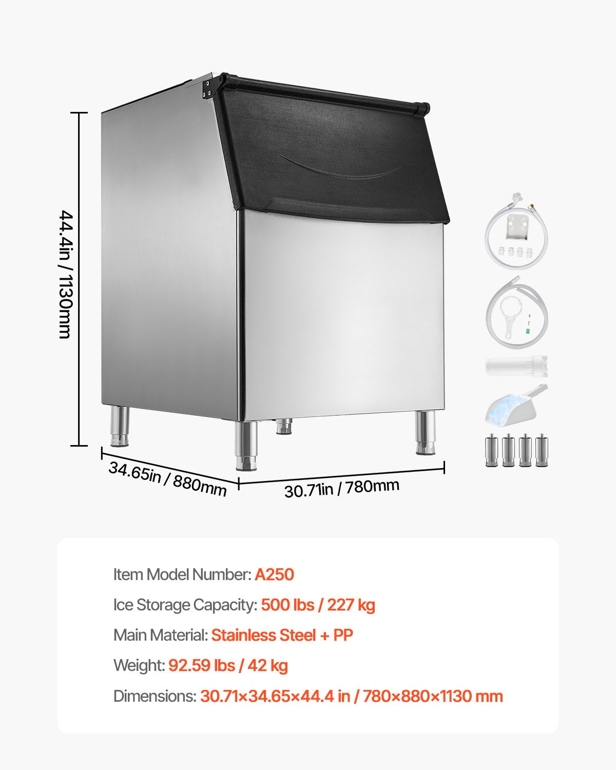 VEVOR Commercial Ice Maker Storage Bin, 500 LBS Capacity Ice-Bin, Stainless Steel Commercial Ice Storage Bin with Adjustable Anti-slip Rubber Feet, Suitable for Restaurant Hotel and Beverage Shops - FTZBJBTX500L15LVD001V0 - view 8