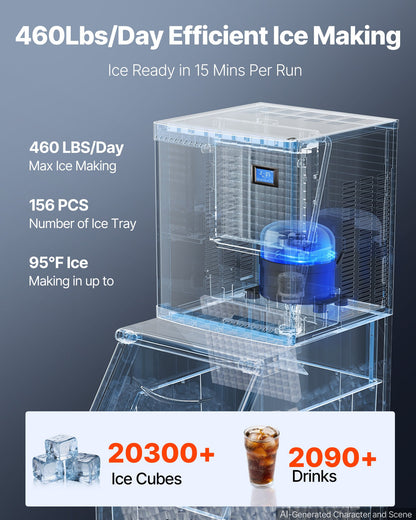 VEVOR Commercial Ice Maker Machine 460 Lbs/24H Stainless Steel Head Only, Ice-Making for Restaurant Bar Cafe Hotel, Ice Ready in 15 Mins, with Self-Cleaning, 156 pcs Ice Tray, Adjustable Thickness - FTZBJJTXFZHFI8IFX001V1 - view 3