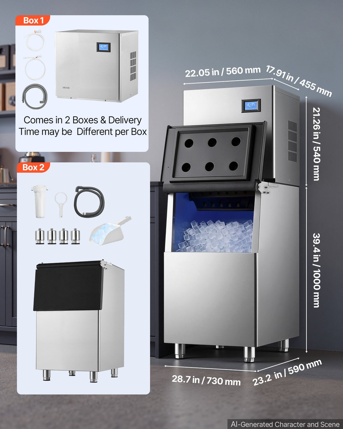 VEVOR Commercial Ice Maker Machine 460 Lbs/24H Stainless Steel Head Only, Ice-Making for Restaurant Bar Cafe Hotel, Ice Ready in 15 Mins, with Self-Cleaning, 156 pcs Ice Tray, Adjustable Thickness - FTZBJJTXFZHFI8IFX001V1 - view 7