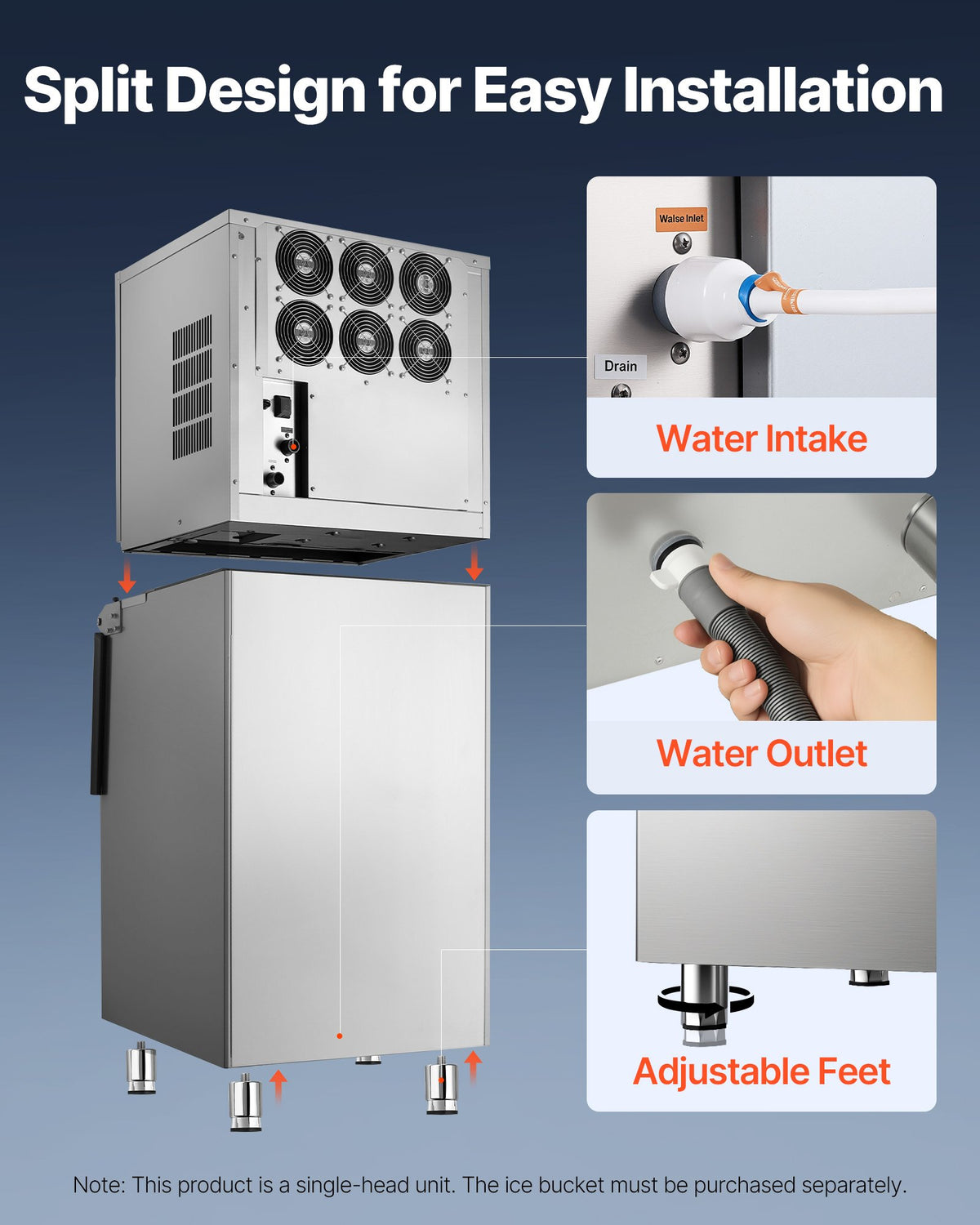 VEVOR Commercial Ice Maker Machine 460 Lbs/24H Stainless Steel Head Only, Ice-Making for Restaurant Bar Cafe Hotel, Ice Ready in 15 Mins, with Self-Cleaning, 156 pcs Ice Tray, Adjustable Thickness - FTZBJJTXFZHFI8IFX001V1 - view 8