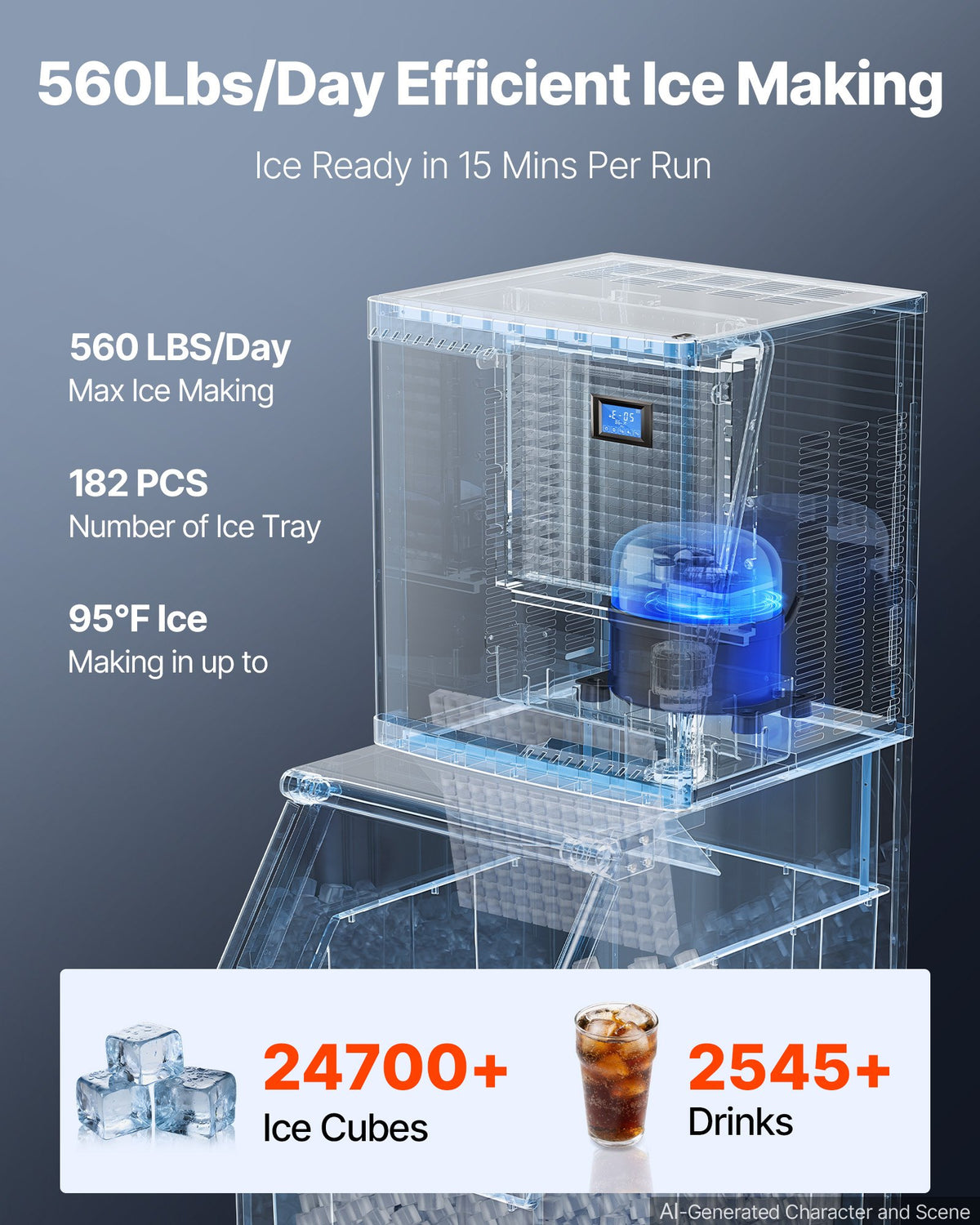 VEVOR Commercial Ice Maker Machine 560 Lbs/24H Stainless Steel Head Only, Ice-Making for Restaurant Bar Cafe Hotel, Ice Ready in 15 Mins, with Self-Cleaning, 182 pcs Ice Tray, Adjustable Thickness - FTZBJJTXFZHFQSU0O001V1 - view 3