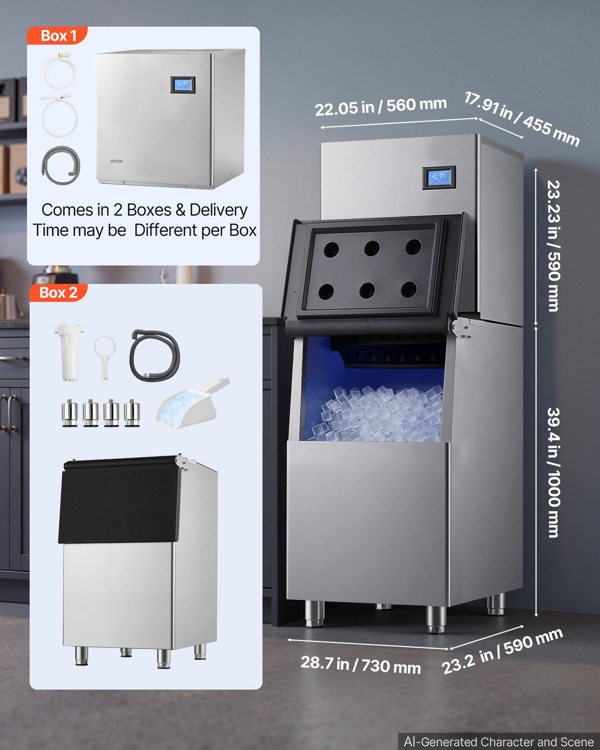 VEVOR Commercial Ice Maker Machine 560 Lbs/24H Stainless Steel Head Only, Ice-Making for Restaurant Bar Cafe Hotel, Ice Ready in 15 Mins, with Self-Cleaning, 182 pcs Ice Tray, Adjustable Thickness - FTZBJJTXFZHFQSU0O001V1 - view 7
