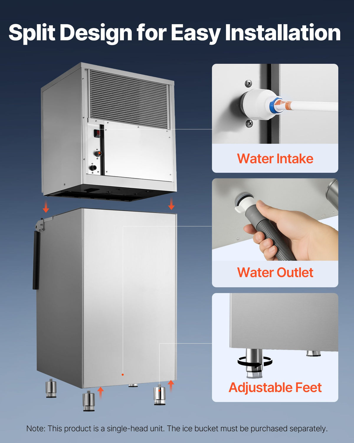 VEVOR Commercial Ice Maker Machine 560 Lbs/24H Stainless Steel Head Only, Ice-Making for Restaurant Bar Cafe Hotel, Ice Ready in 15 Mins, with Self-Cleaning, 182 pcs Ice Tray, Adjustable Thickness - FTZBJJTXFZHFQSU0O001V1 - view 8