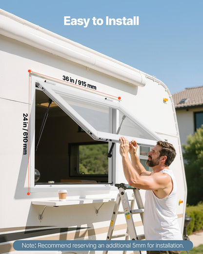 VEVOR Concession Window 36x24 in, Aluminum Alloy Frame Service Window for Food Truck, Up to 85 Degrees Stand Serving Window with Awning Door and Drag Hook, Rainwater Resistant for Concession Trailers - FWCK3624YC0Y97XEC001V0 - view 3