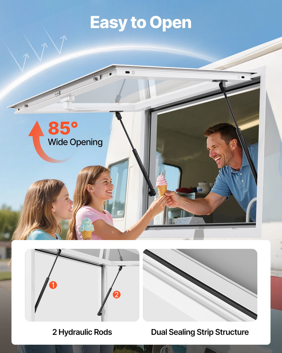 VEVOR Concession Window 36x24 in, Aluminum Alloy Frame Service Window for Food Truck, Up to 85 Degrees Stand Serving Window with Awning Door and Drag Hook, Rainwater Resistant for Concession Trailers - FWCK3624YC0Y97XEC001V0 - view 5
