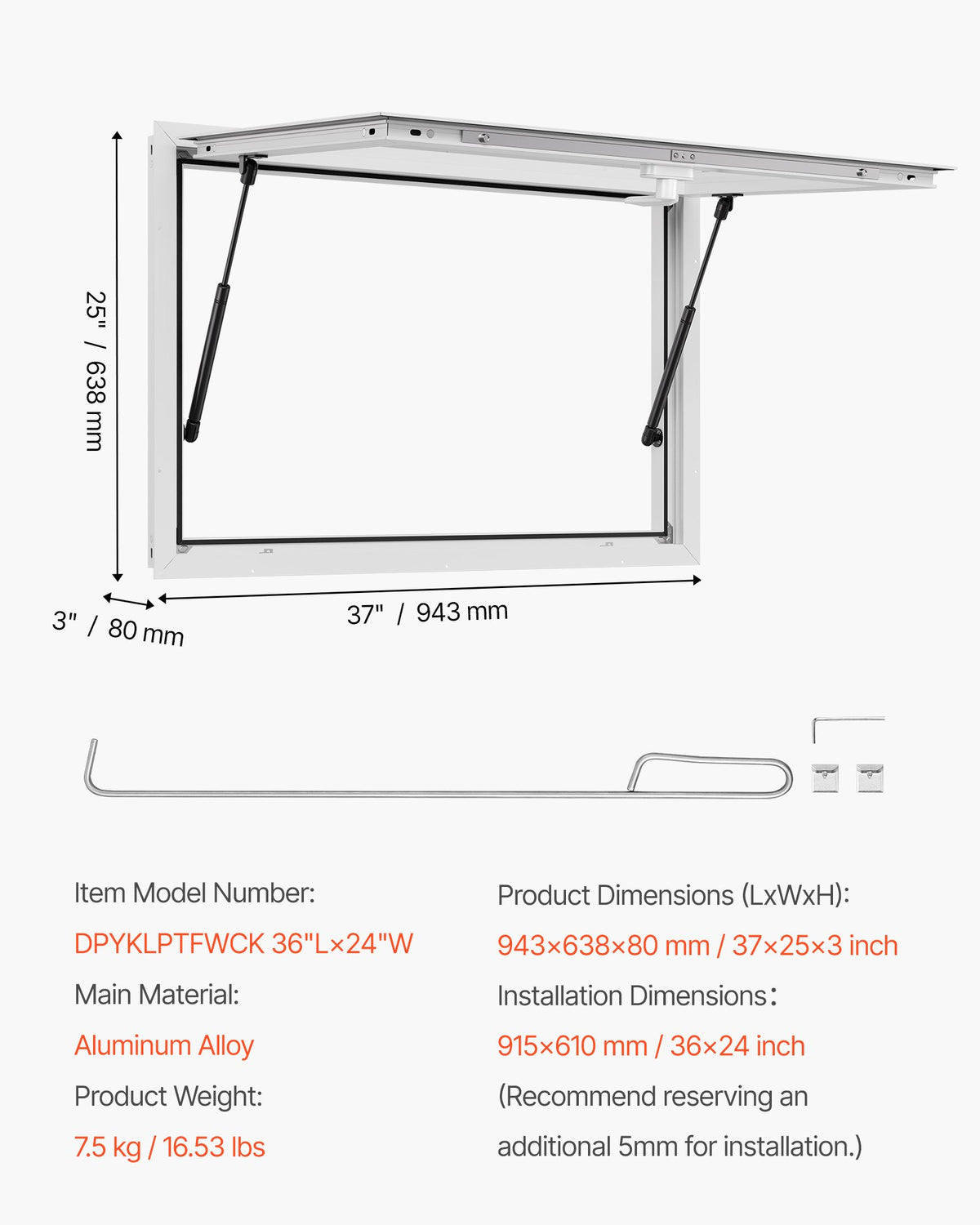 VEVOR Concession Window 36x24 in, Aluminum Alloy Frame Service Window for Food Truck, Up to 85 Degrees Stand Serving Window with Awning Door and Drag Hook, Rainwater Resistant for Concession Trailers - FWCK3624YC0Y97XEC001V0 - view 8