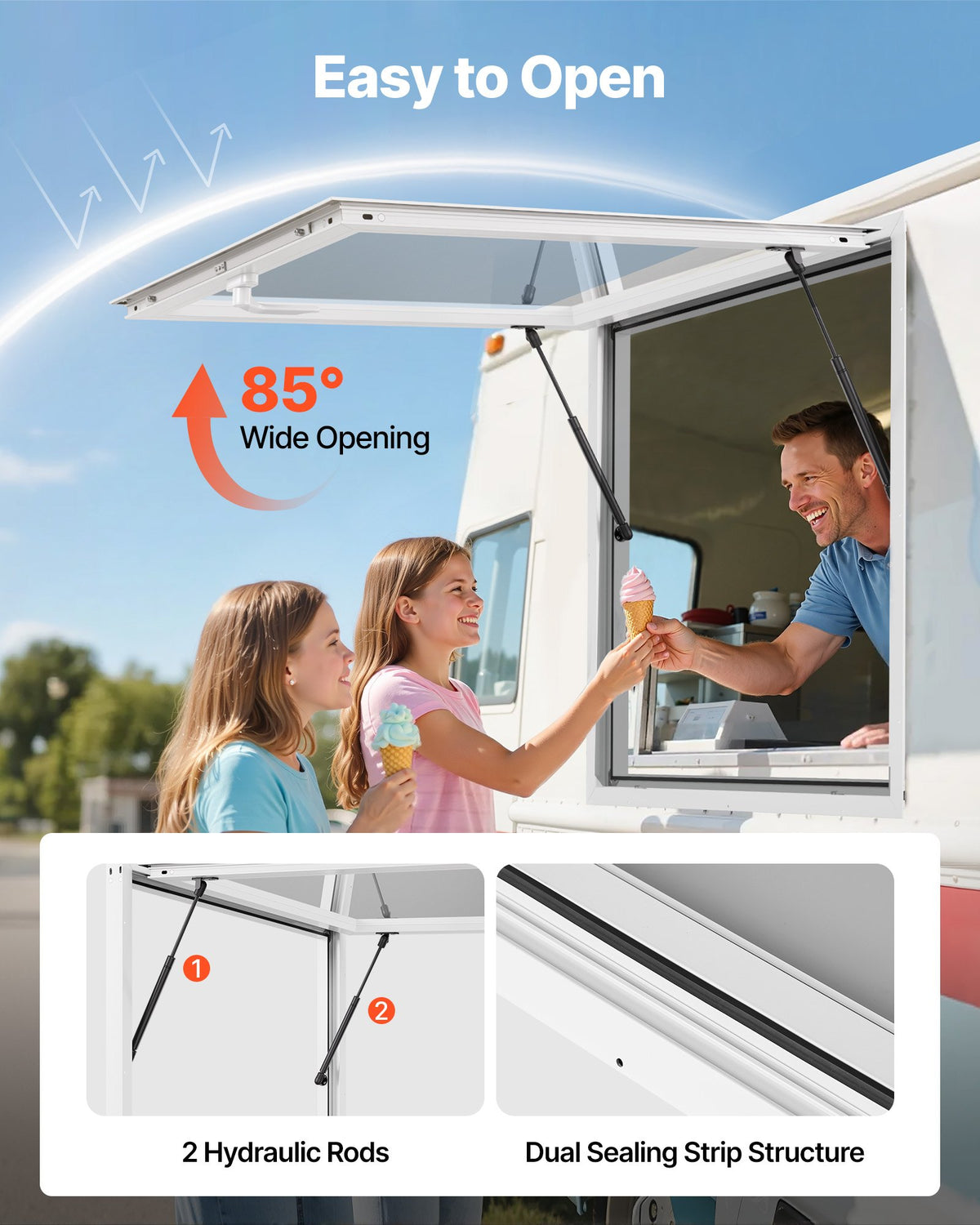 VEVOR Concession Window 36x36 in, Aluminum Alloy Frame Service Window for Food Truck, Up to 85 Degrees Stand Serving Window with Awning Door and Drag Hook, Rainwater Resistant for Concession Trailers - FWCK3636YC0Y1HEUY001V0 - view 5