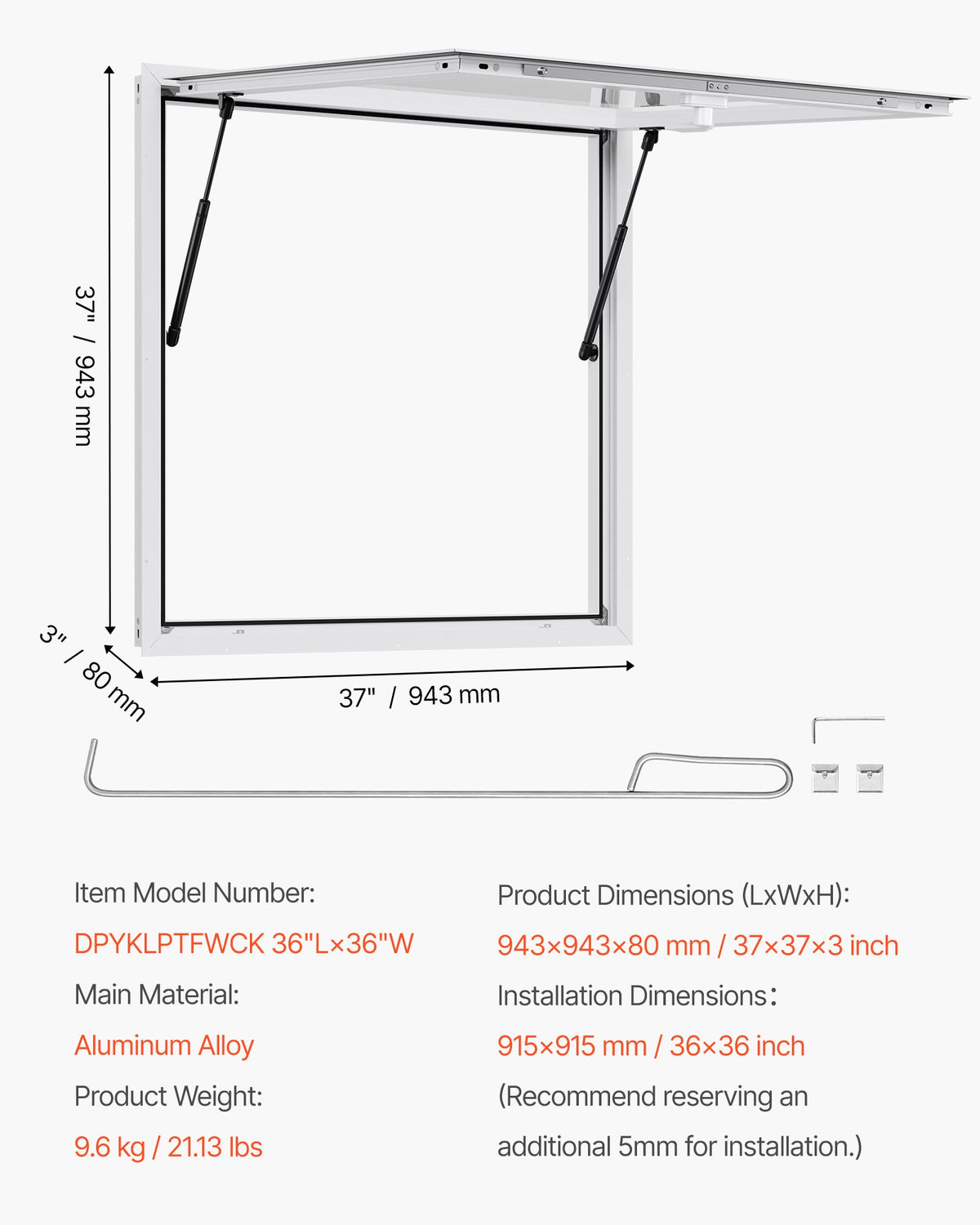 VEVOR Concession Window 36x36 in, Aluminum Alloy Frame Service Window for Food Truck, Up to 85 Degrees Stand Serving Window with Awning Door and Drag Hook, Rainwater Resistant for Concession Trailers - FWCK3636YC0Y1HEUY001V0 - view 8