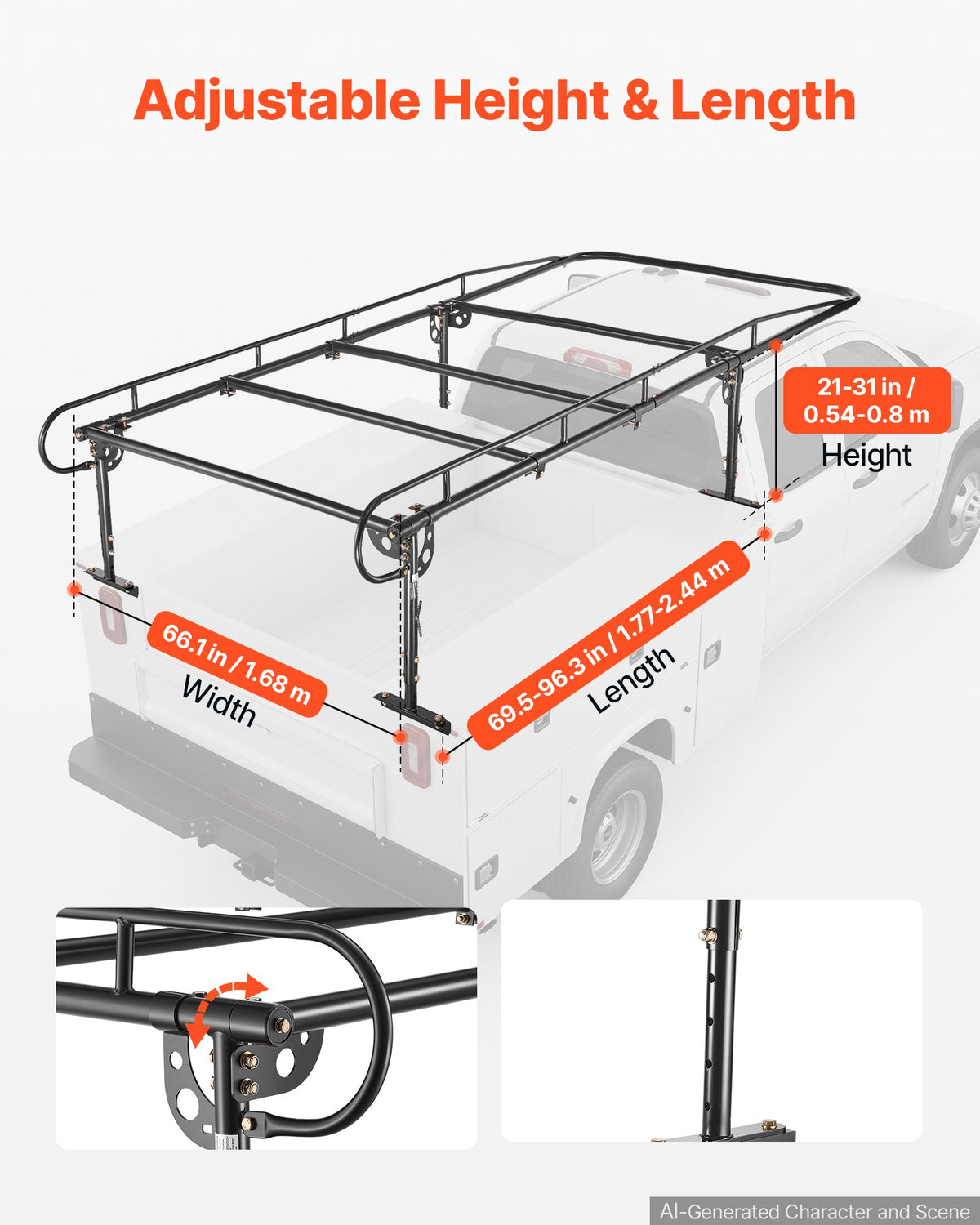 VEVOR Service Body Truck Ladder Rack 1000LBS Capacity Over-Cab Trucks Rack, 21"-31" Height Adjustable, Fit Single/Dual Rear Wheel Utility Truck, Heavy Duty Steel Support for Kayak Surfboard Lumber - FWCXTJJDKGDKL37US002V0 - view 4