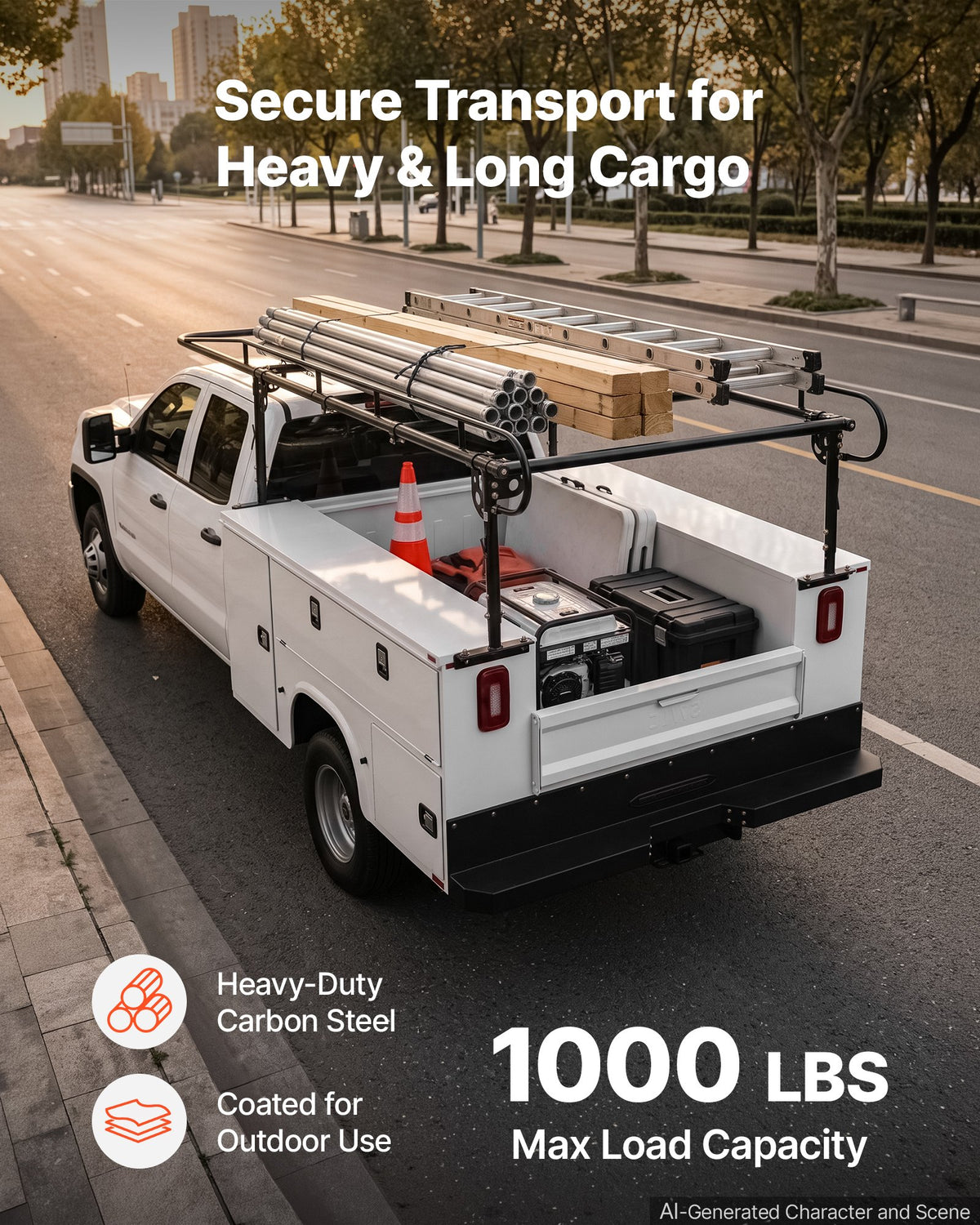VEVOR Service Body Truck Ladder Rack 1000LBS Capacity Over-Cab Trucks Rack, 21"-31" Height Adjustable, Fit Single/Dual Rear Wheel Utility Truck, Heavy Duty Steel Support for Kayak Surfboard Lumber - FWCXTJJDKGDKL37US002V0 - view 5