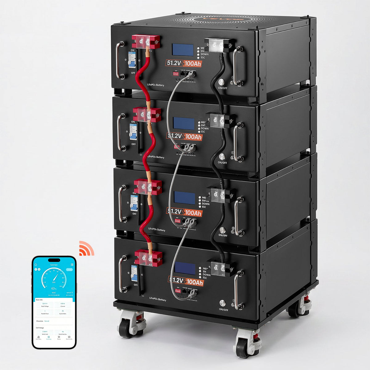VEVOR 48V 100Ah LiFePO4 Lithium Battery, Built-in 100A BMS, 51.2V Server Rack LiFePO4 Battery with Bluetooth & Display, 5120Wh Capacity, 6000 Cycles, for Solar Energy Storage Home Backup Power, 4 Pack - FWQJJDC100AHMK6CP001V9 - view 1