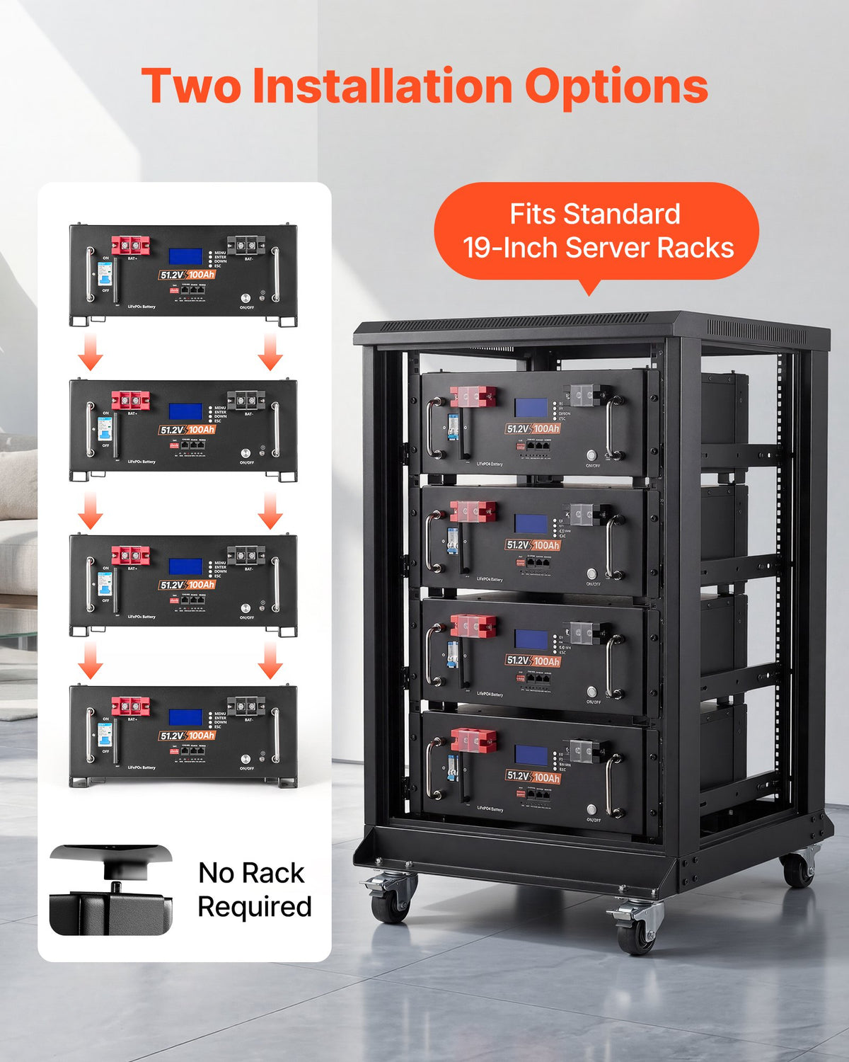 VEVOR 48V 100Ah LiFePO4 Lithium Battery, Built-in 100A BMS, 51.2V Server Rack LiFePO4 Battery with Bluetooth & Display, 5120Wh Capacity, 6000 Cycles, for Solar Energy Storage Home Backup Power, 4 Pack - FWQJJDC100AHMK6CP001V9 - view 5