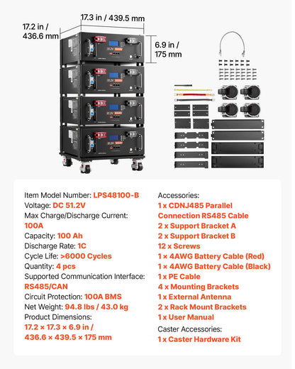 VEVOR 48V 100Ah LiFePO4 Lithium Battery, Built-in 100A BMS, 51.2V Server Rack LiFePO4 Battery with Bluetooth & Display, 5120Wh Capacity, 6000 Cycles, for Solar Energy Storage Home Backup Power, 4 Pack - FWQJJDC100AHMK6CP001V9 - view 8