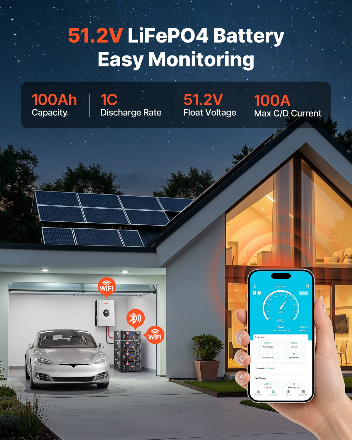 VEVOR 48V 100Ah LiFePO4 Lithium Battery, Built-in 100A BMS, 51.2V Server Rack LiFePO4 Battery with Bluetooth, 5120Wh Capacity, 6000 Cycles, LCD Display, for Solar Energy Storage Home Backup Power - FWQJJDC512V1QKMX1001V9 - view 3