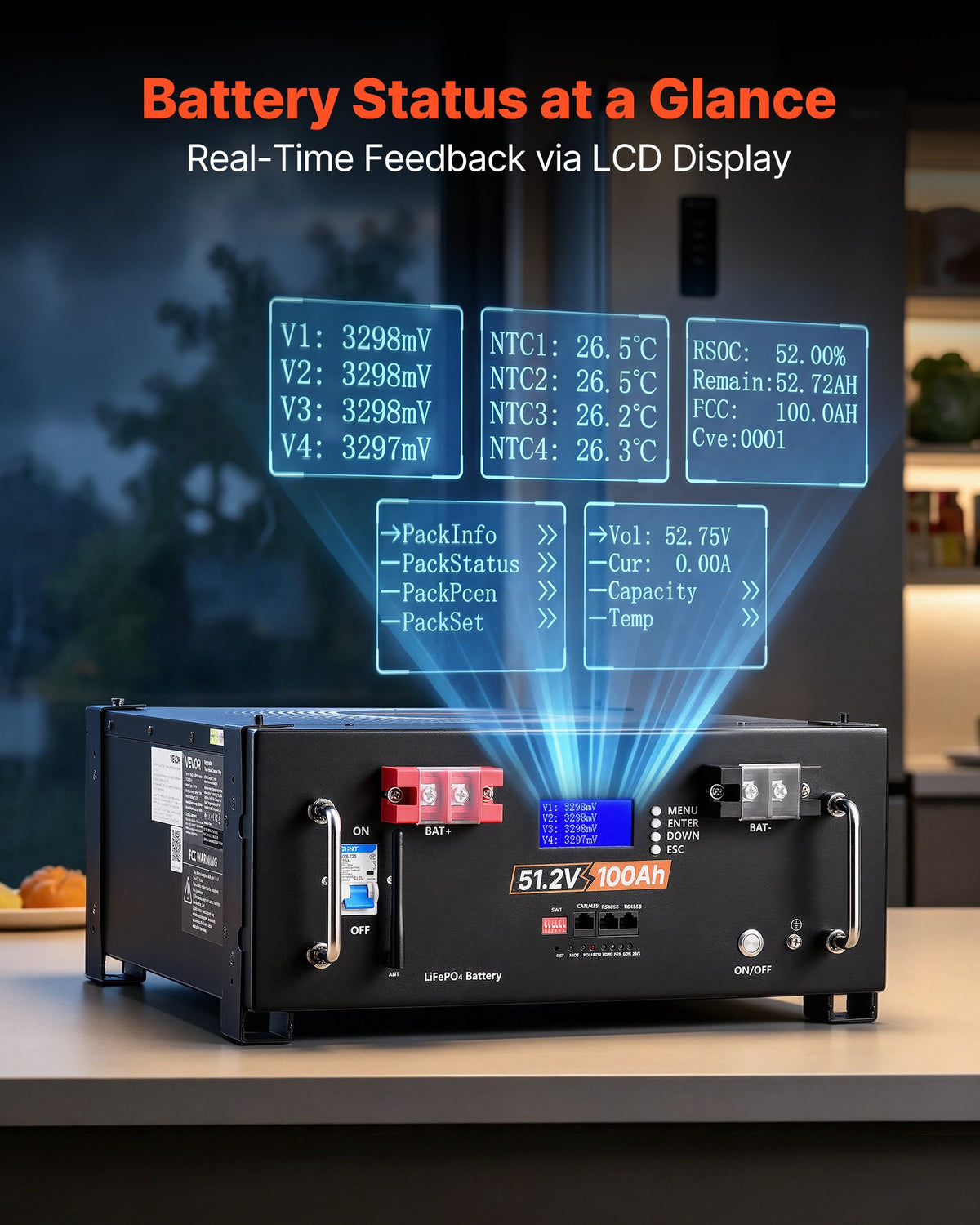 VEVOR 48V 100Ah LiFePO4 Lithium Battery, Built-in 100A BMS, 51.2V Server Rack LiFePO4 Battery with Bluetooth, 5120Wh Capacity, 6000 Cycles, LCD Display, for Solar Energy Storage Home Backup Power - FWQJJDC512V1QKMX1001V9 - view 7