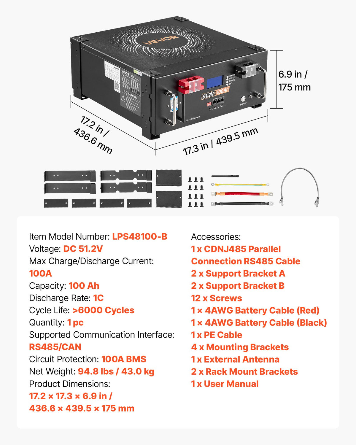 VEVOR 48V 100Ah LiFePO4 Lithium Battery, Built-in 100A BMS, 51.2V Server Rack LiFePO4 Battery with Bluetooth, 5120Wh Capacity, 6000 Cycles, LCD Display, for Solar Energy Storage Home Backup Power - FWQJJDC512V1QKMX1001V9 - view 8