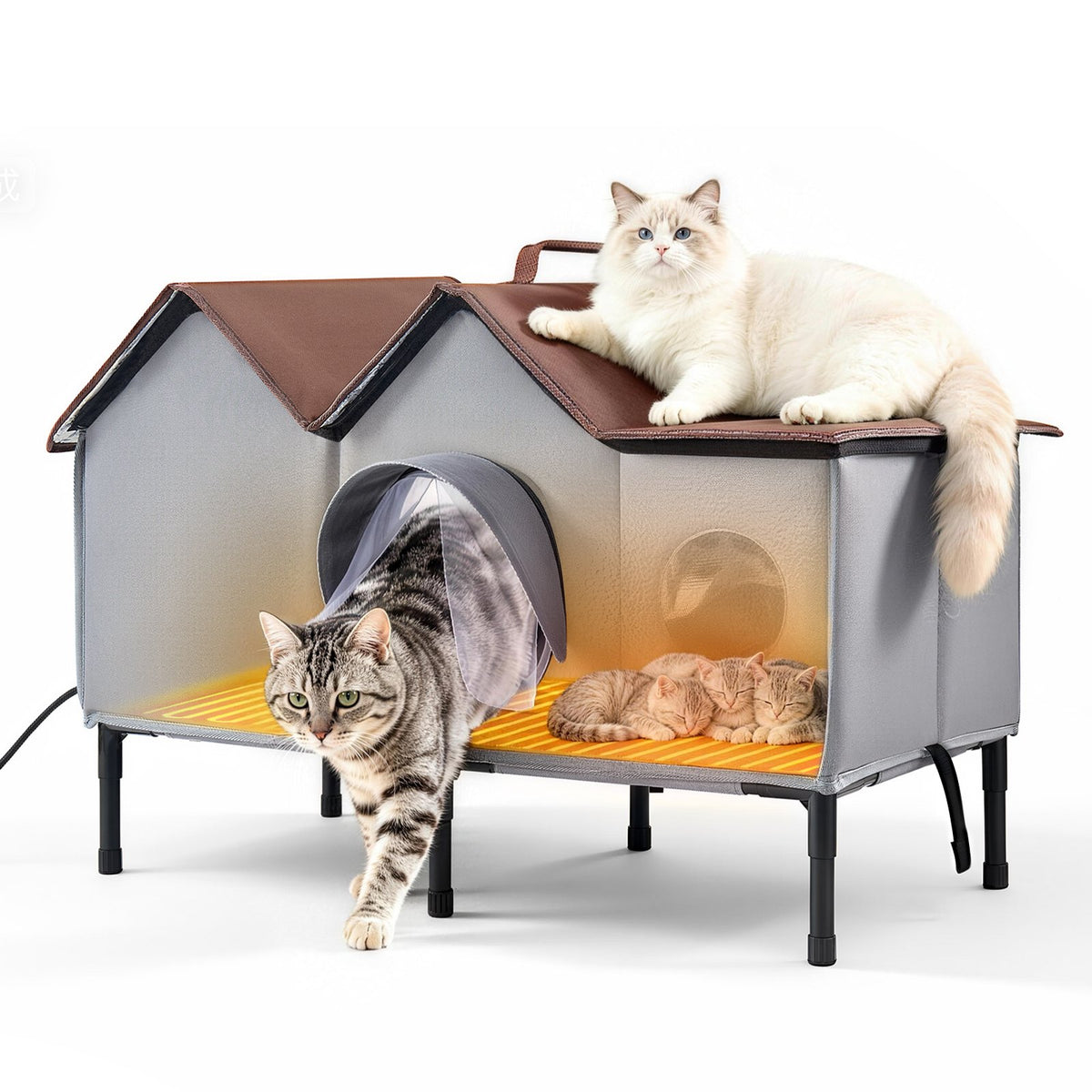 VEVOR Elevated Heated Cat House 35W Insulated Kitty Shelter with Heated Pad, for Indoor Outdoor Winter Use, Double-Door & Private Side Curtain, Waterproof Weatherproof Stray Feral Shelter for Outside - FWSBYMBHS30IBXMNY001V1 - view 1