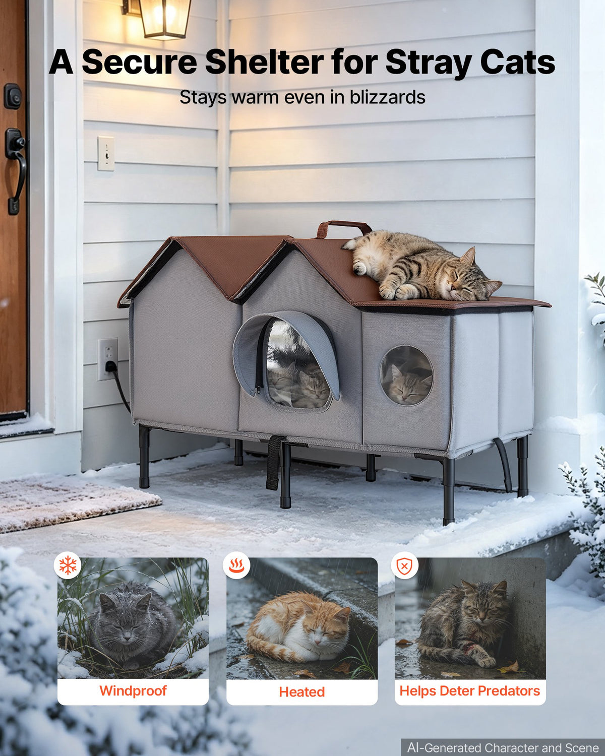 VEVOR Elevated Heated Cat House 35W Insulated Kitty Shelter with Heated Pad, for Indoor Outdoor Winter Use, Double-Door & Private Side Curtain, Waterproof Weatherproof Stray Feral Shelter for Outside - FWSBYMBHS30IBXMNY001V1 - view 3