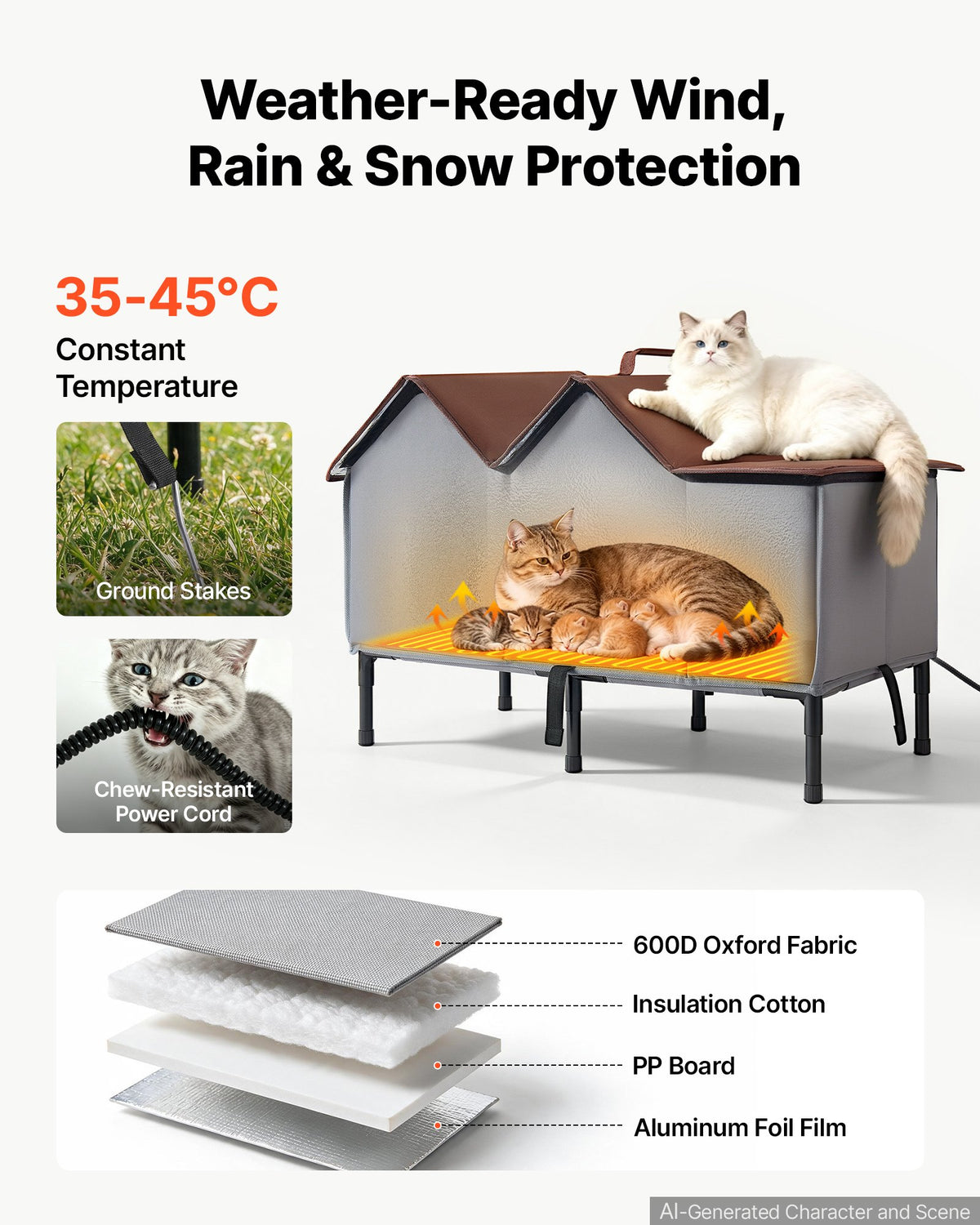 VEVOR Elevated Heated Cat House 35W Insulated Kitty Shelter with Heated Pad, for Indoor Outdoor Winter Use, Double-Door & Private Side Curtain, Waterproof Weatherproof Stray Feral Shelter for Outside - FWSBYMBHS30IBXMNY001V1 - view 4