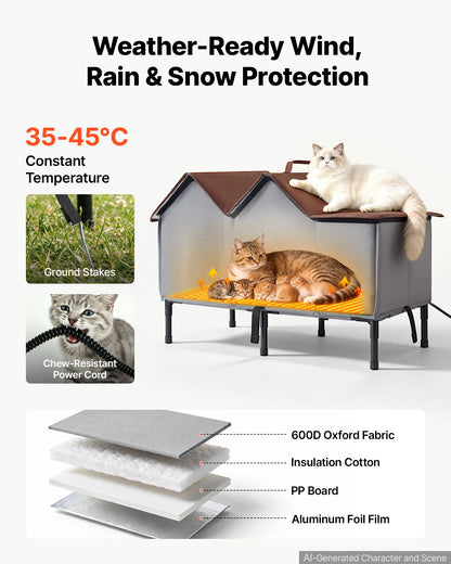 VEVOR Elevated Heated Cat House 35W Insulated Kitty Shelter with Heated Pad, for Indoor Outdoor Winter Use, Double-Door & Private Side Curtain, Waterproof Weatherproof Stray Feral Shelter for Outside - FWSBYMBHS30IBXMNY001V1 - view 4
