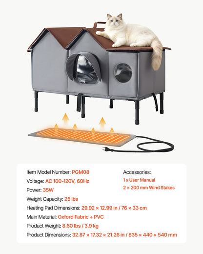 VEVOR Elevated Heated Cat House 35W Insulated Kitty Shelter with Heated Pad, for Indoor Outdoor Winter Use, Double-Door & Private Side Curtain, Waterproof Weatherproof Stray Feral Shelter for Outside - FWSBYMBHS30IBXMNY001V1 - view 8