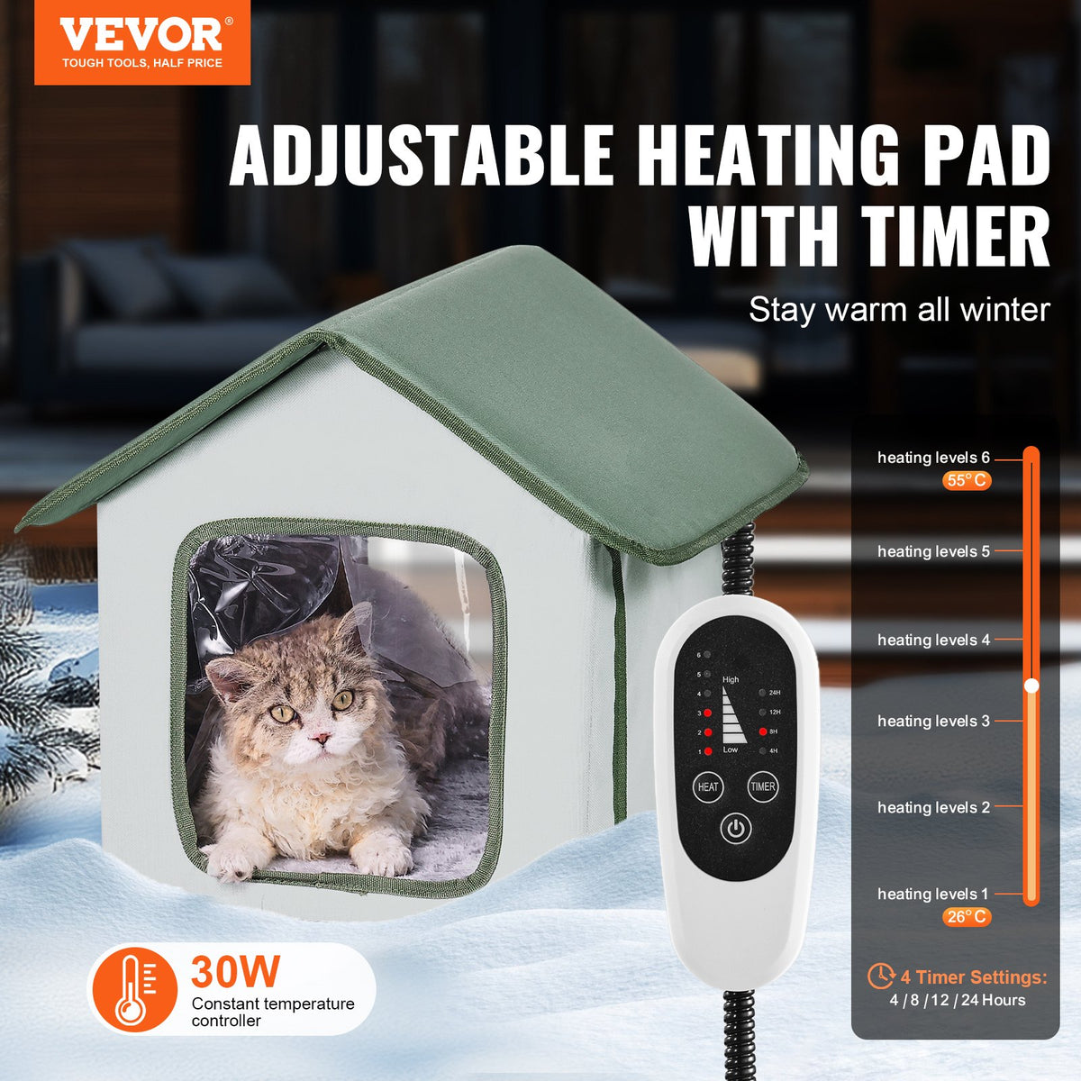 VEVOR Elevated Heated Cat House, Outdoor Kitty Shelter with Timer, 600D Oxford Cloth Foldable Cat Shelter with Heated Pad for Winter to Stay Warm and Cozy, Green (Small) - FWSBYMBHSNJBKOLU0V1 - view 3