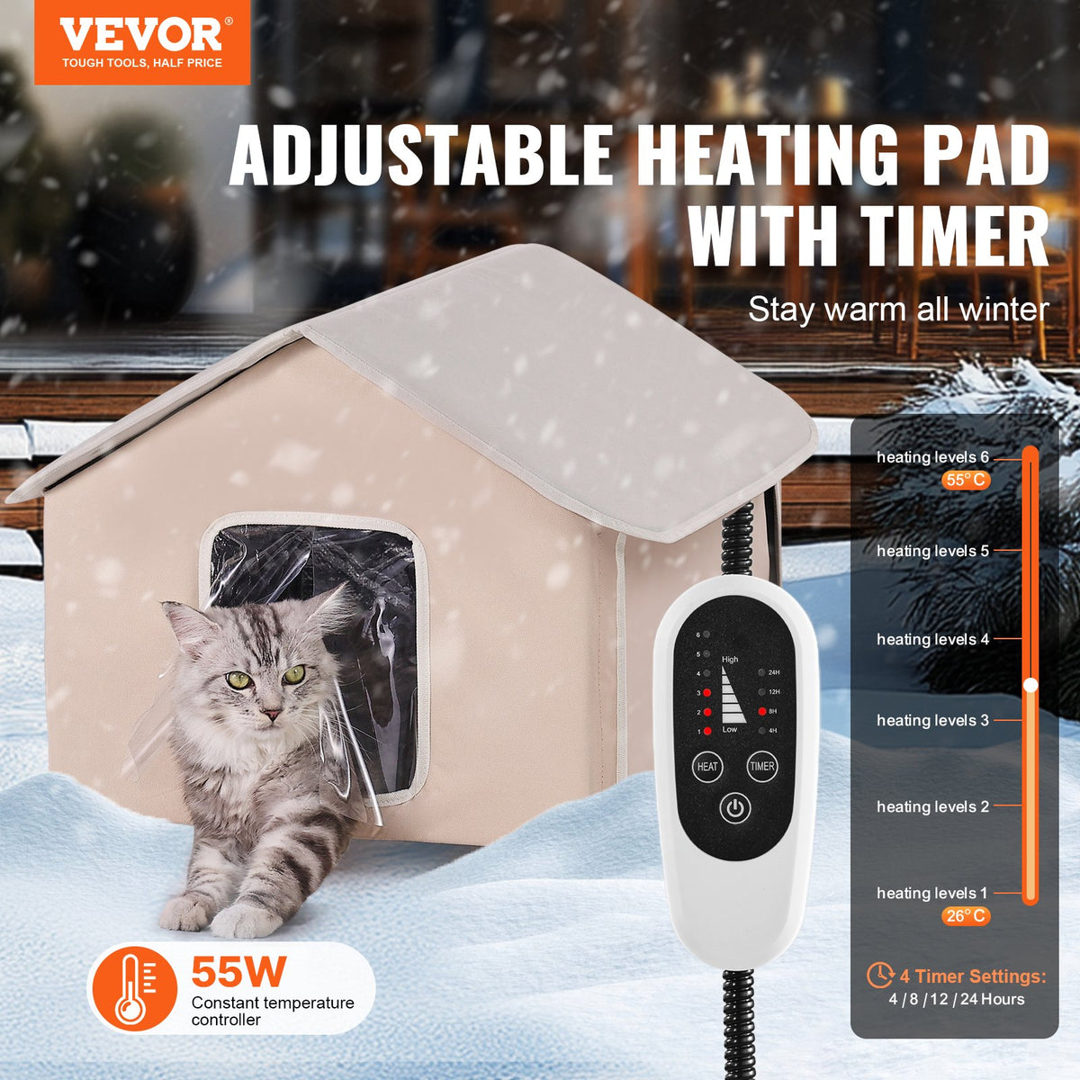 VEVOR Elevated Heated Cat House, Outdoor Kitty Shelter with Timer, 600D Oxford Cloth Foldable Cat Shelter with Heated Pad for Winter to Stay Warm and Cozy, Brown (Middle) - FWSBYMBHSNJBXCGRFV1 - view 3