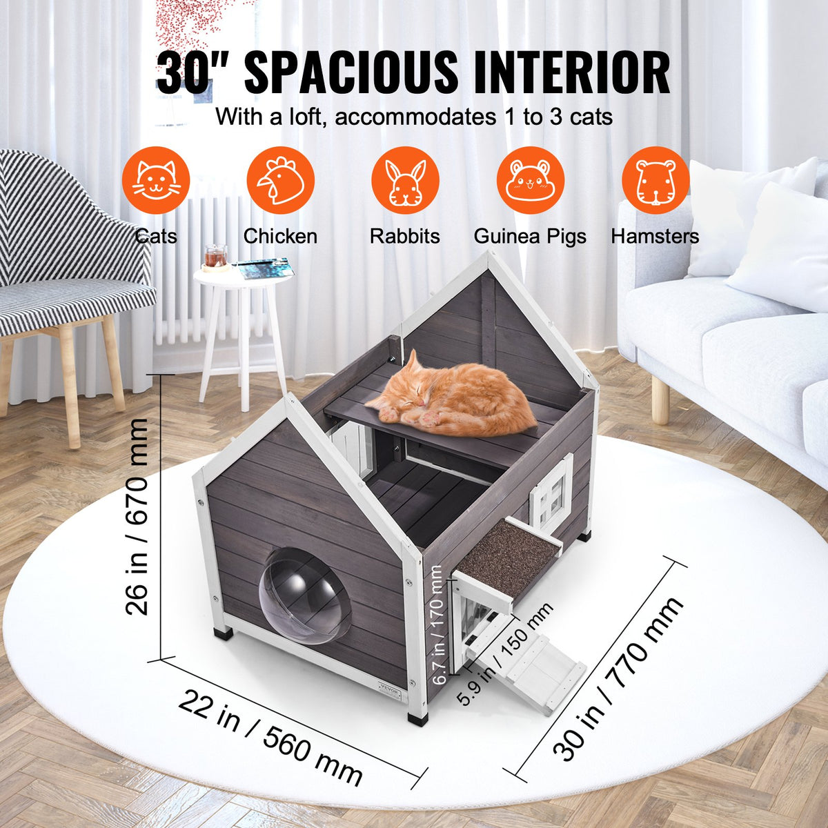 VEVOR Outdoor Cat House Weatherproof, Feral Cat Shelter for Multiple Cats, Outdoor Wooden Cat House with Large Side Door, PVC Door Flaps, Open Roof, Clear Window, 22"L x 30"W x 26"H - FWSMZMBHSDCSGTRZ7V0 - view 7