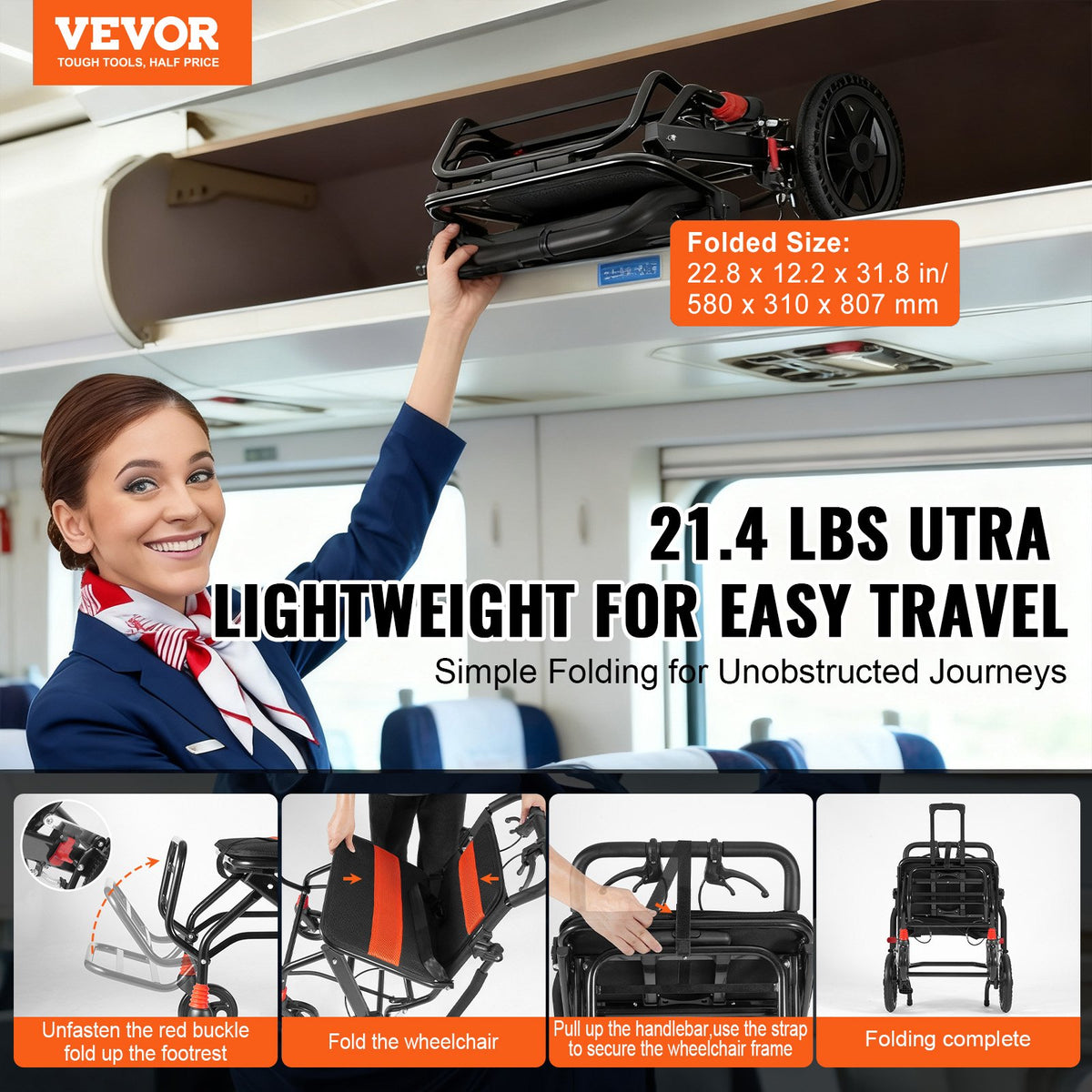 VEVOR Wheelchair, Aluminum Alloy Ultra-Lightweight Transport Chair for Adults, Foldable Wheelchair with Flip-Back Desk-Length Arms, Self-locking Brake, 18-Inch Wide Seat, 220lbs Weight Capacity - FWYSLYLHJSX1TQ05XV0 - view 3