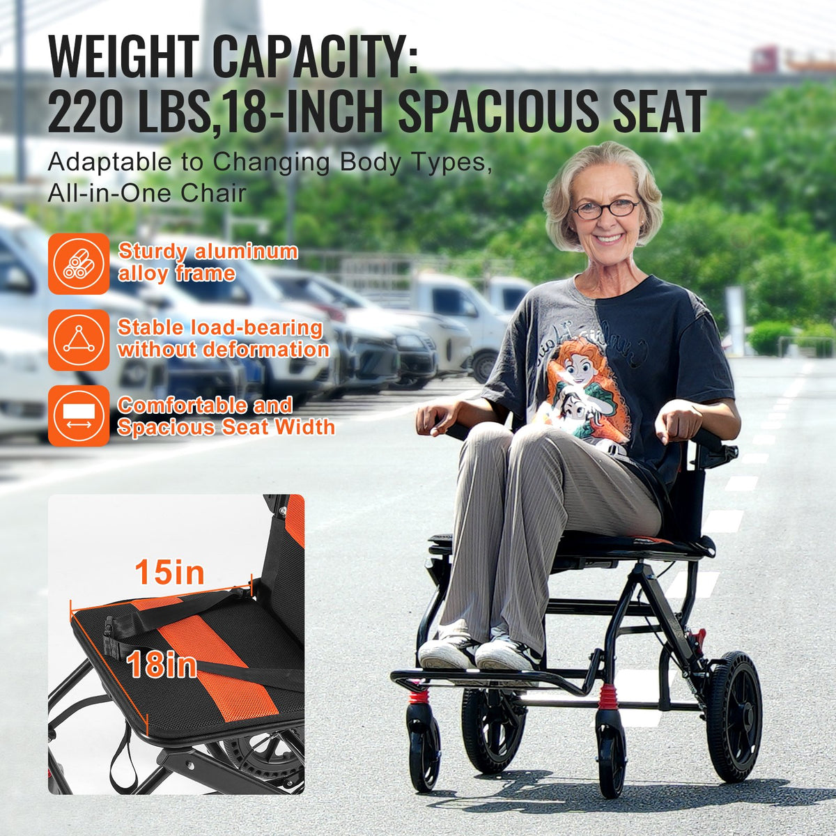 VEVOR Wheelchair, Aluminum Alloy Ultra-Lightweight Transport Chair for Adults, Foldable Wheelchair with Flip-Back Desk-Length Arms, Self-locking Brake, 18-Inch Wide Seat, 220lbs Weight Capacity - FWYSLYLHJSX1TQ05XV0 - view 6