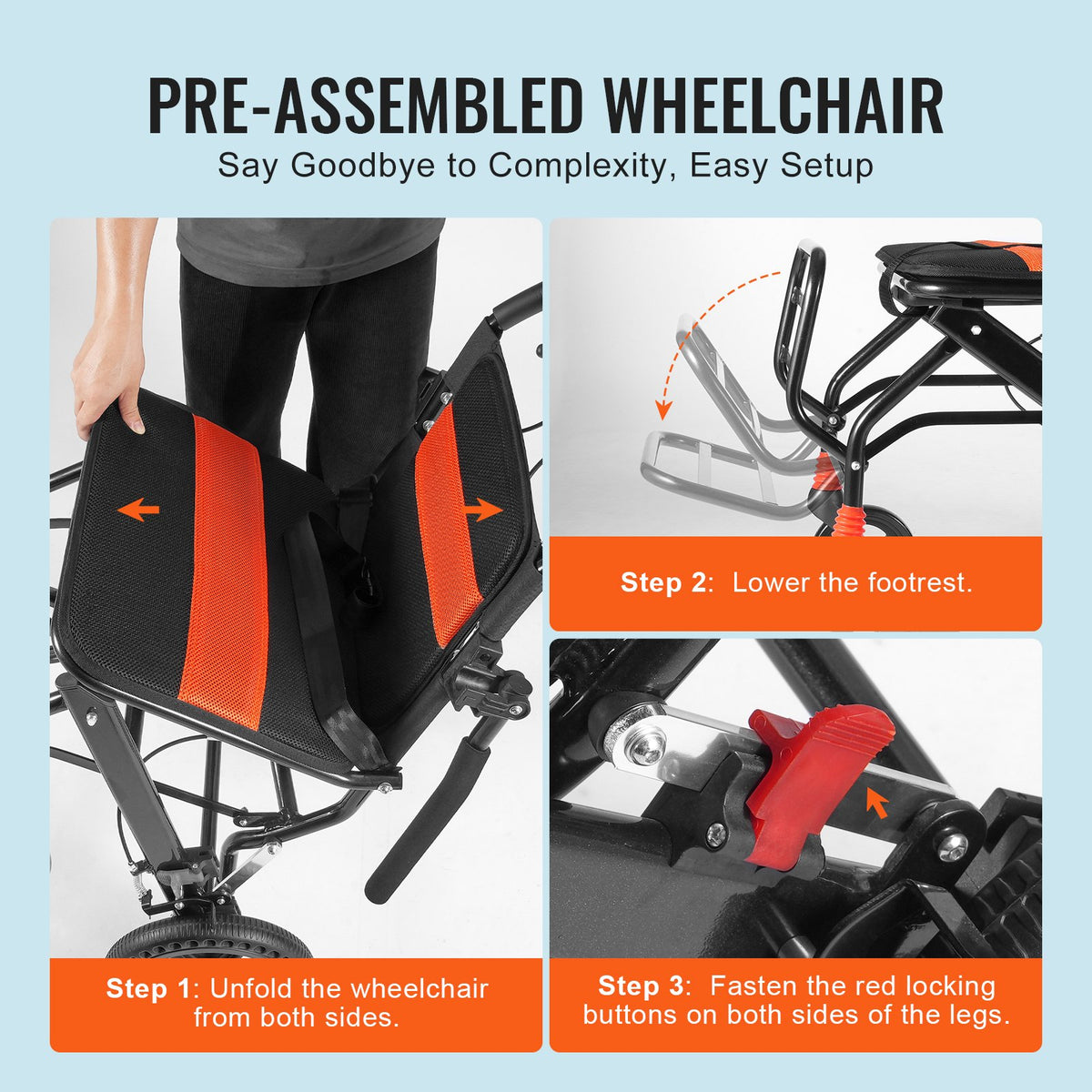 VEVOR Wheelchair, Aluminum Alloy Ultra-Lightweight Transport Chair for Adults, Foldable Wheelchair with Flip-Back Desk-Length Arms, Self-locking Brake, 18-Inch Wide Seat, 220lbs Weight Capacity - FWYSLYLHJSX1TQ05XV0 - view 7