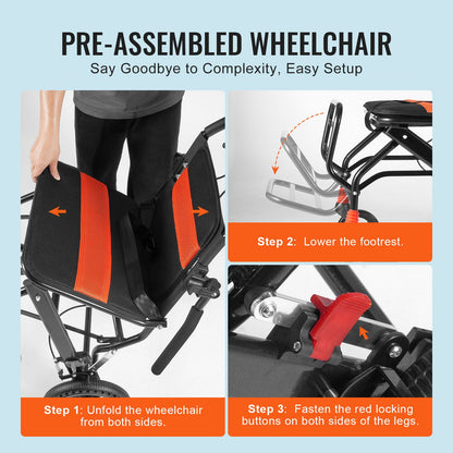 VEVOR Wheelchair, Aluminum Alloy Ultra-Lightweight Transport Chair for Adults, Foldable Wheelchair with Flip-Back Desk-Length Arms, Self-locking Brake, 18-Inch Wide Seat, 220lbs Weight Capacity - FWYSLYLHJSX1TQ05XV0 - view 7