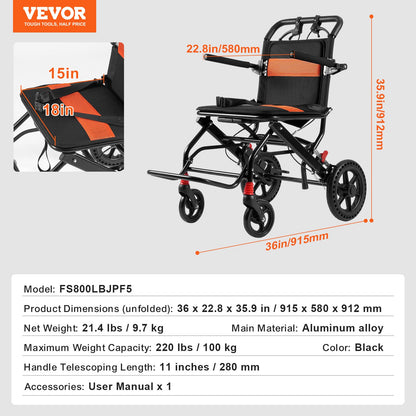 VEVOR Wheelchair, Aluminum Alloy Ultra-Lightweight Transport Chair for Adults, Foldable Wheelchair with Flip-Back Desk-Length Arms, Self-locking Brake, 18-Inch Wide Seat, 220lbs Weight Capacity - FWYSLYLHJSX1TQ05XV0 - view 8