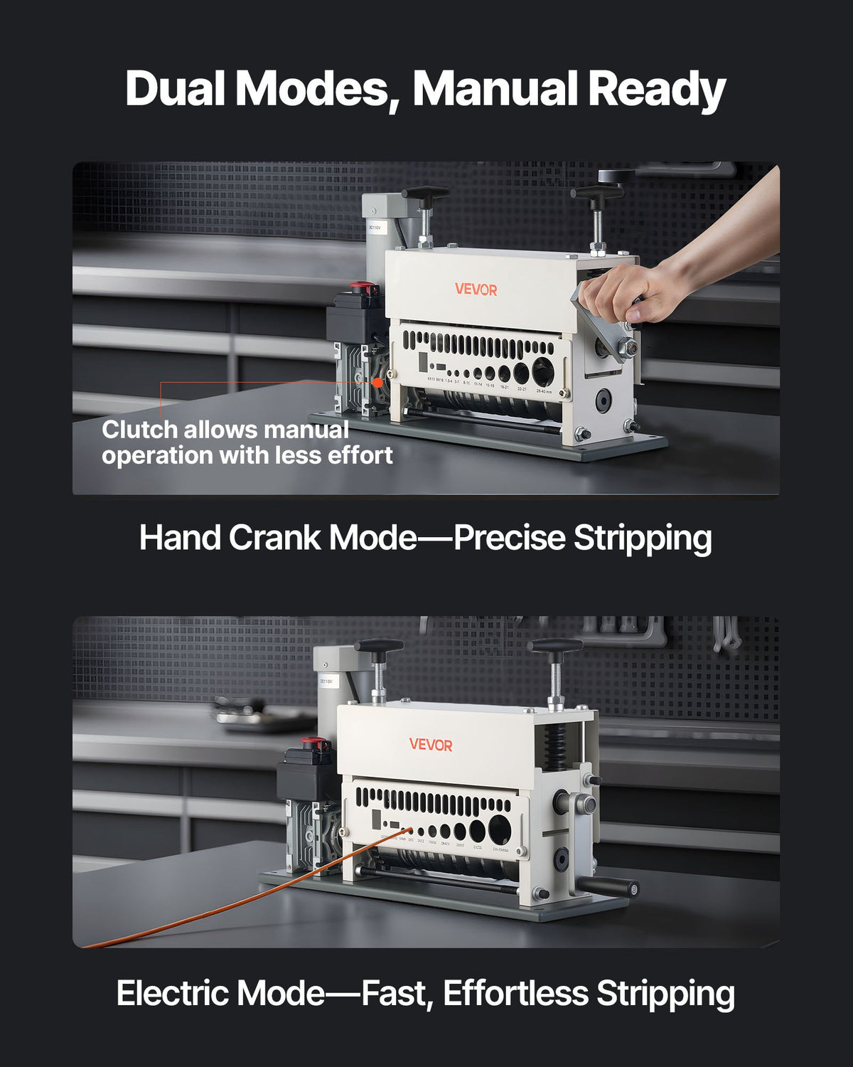 VEVOR Electric Wire Stripper Machine, 0.06-1.57 in, 11 Channel Automatic Copper Cable Stripper,  370W Wire Stripper Tool with Manual Hand Crank Mode, Emergency Stop Button, for Scrap Copper Recycling - FXBXJDDDDCG3275PQ001V1 - view 6