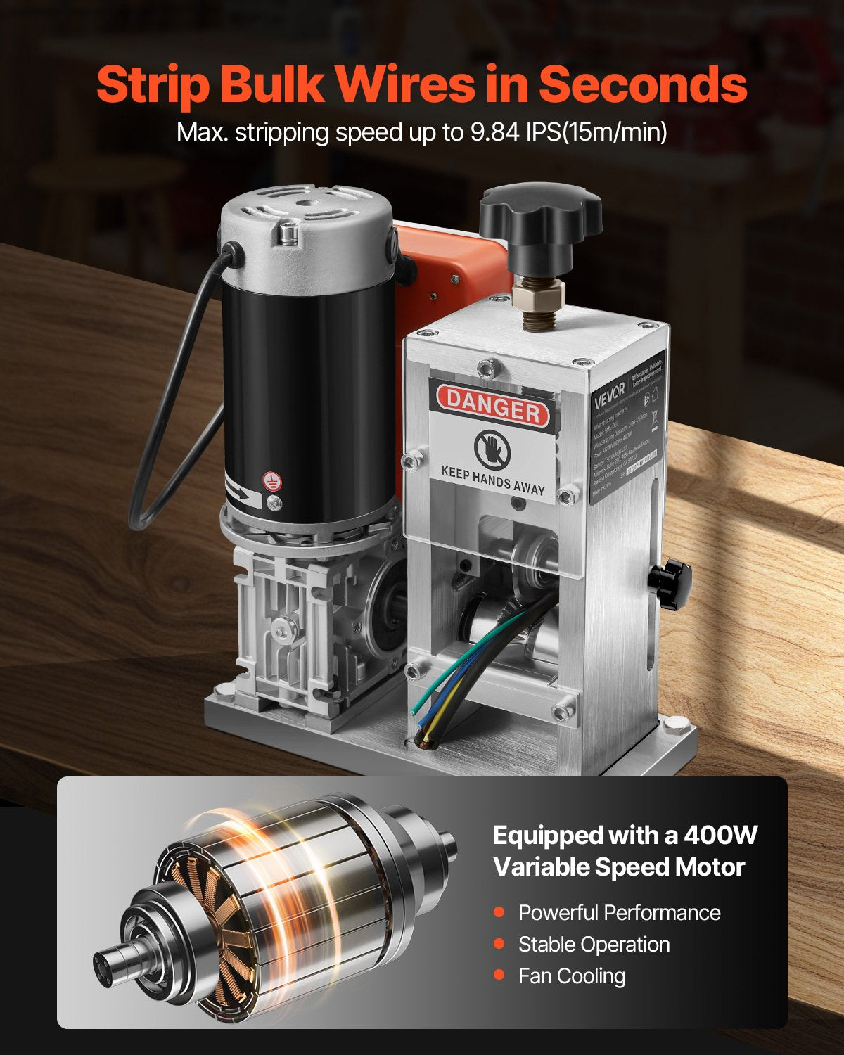 VEVOR Electric Wire Stripping Machine, 0.06-1.57 in, 400W Automatic Motorized Cable Stripper, 9.84 IPS (15 m/min) Wire Peeler with Blades, V-Shaped Rollers, Cooling Fan, for Scrap Copper Recycling - FXBXJDDDDCG4YEMI5V1 - view 4