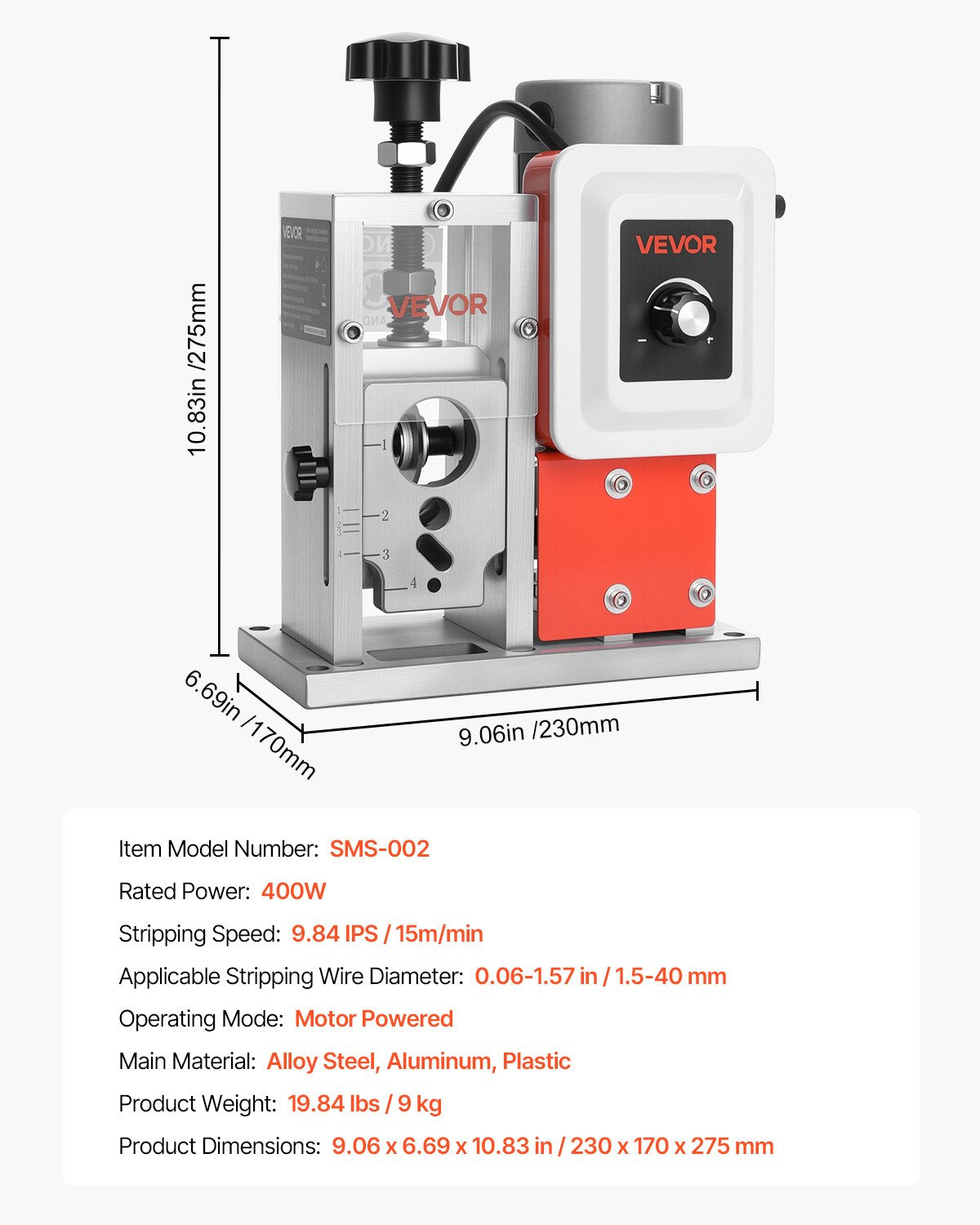 VEVOR Electric Wire Stripping Machine, 0.06-1.57 in, 400W Automatic Motorized Cable Stripper, 9.84 IPS (15 m/min) Wire Peeler with Blades, V-Shaped Rollers, Cooling Fan, for Scrap Copper Recycling - FXBXJDDDDCG4YEMI5V1 - view 8