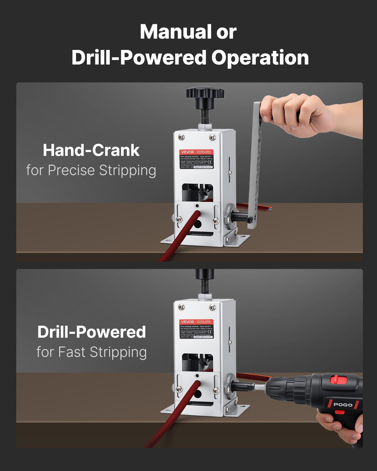 VEVOR Manual Wire Stripper Machine, 0.06-1.18 in, Copper Cable Stripper Tool, Hand Crank or Drill Powered Modes, Heavy-Duty Q235 Frame Wire Stripping Machine, Easy to Use, for Scrap Copper Recycling - FXBXJSDDDCGWTNJSU001V0 - view 5