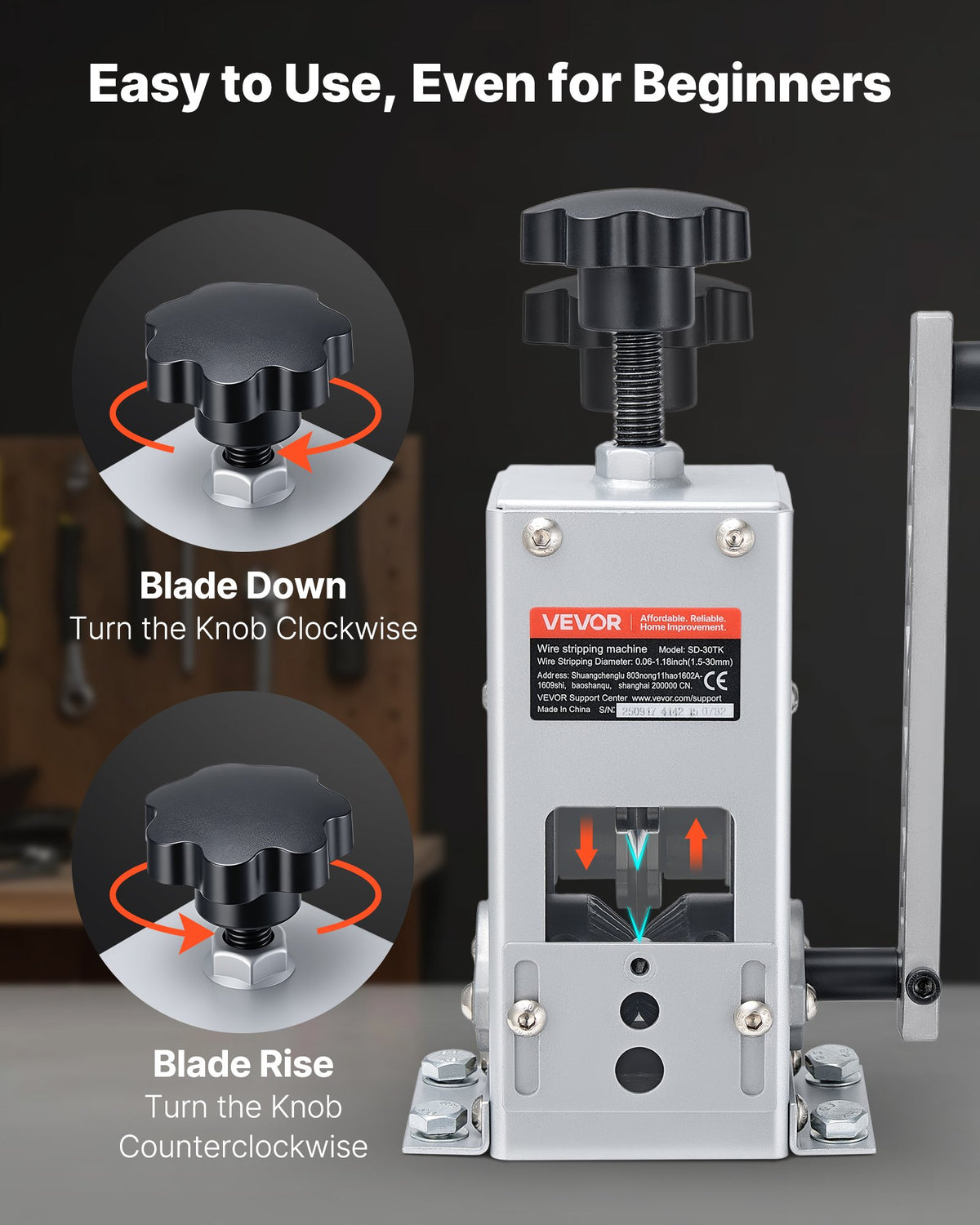 VEVOR Manual Wire Stripper Machine, 0.06-1.18 in, Copper Cable Stripper Tool, Hand Crank or Drill Powered Modes, Heavy-Duty Q235 Frame Wire Stripping Machine, Easy to Use, for Scrap Copper Recycling - FXBXJSDDDCGWTNJSU001V0 - view 6