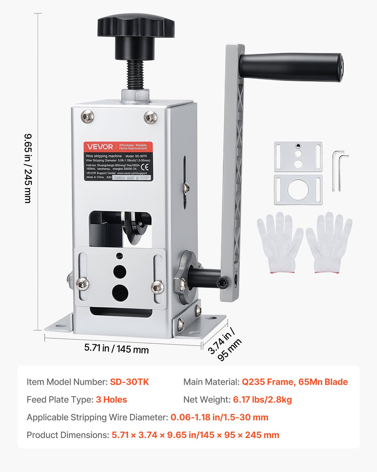 VEVOR Manual Wire Stripper Machine, 0.06-1.18 in, Copper Cable Stripper Tool, Hand Crank or Drill Powered Modes, Heavy-Duty Q235 Frame Wire Stripping Machine, Easy to Use, for Scrap Copper Recycling - FXBXJSDDDCGWTNJSU001V0 - view 8