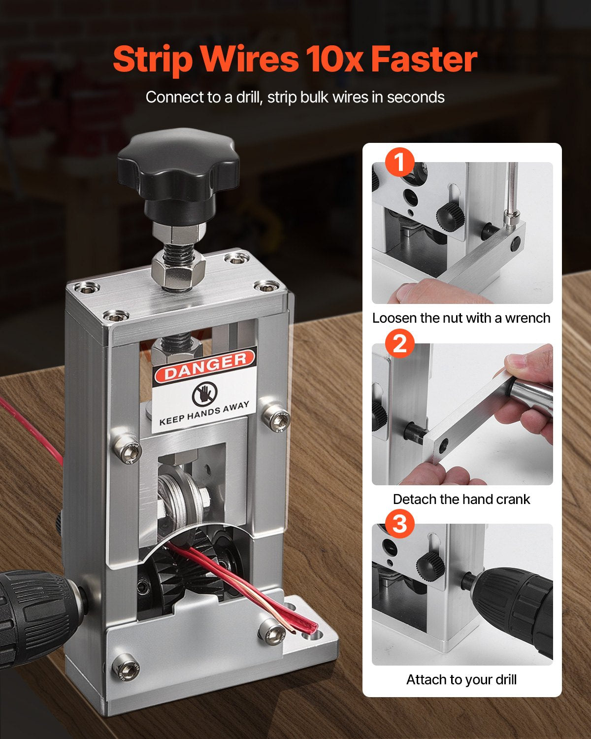 VEVOR Manual Wire Stripping Machine, 0.06-1 in, Copper Stripper with Hand Crank or Drill Powered, 64Mn Quenched Blades, 45# Steel Rollers, Aluminum Alloy Frame Wire Peeler, for Scrap Copper Recycling - FXBXJSDDDMNW2JHZTV0 - view 5