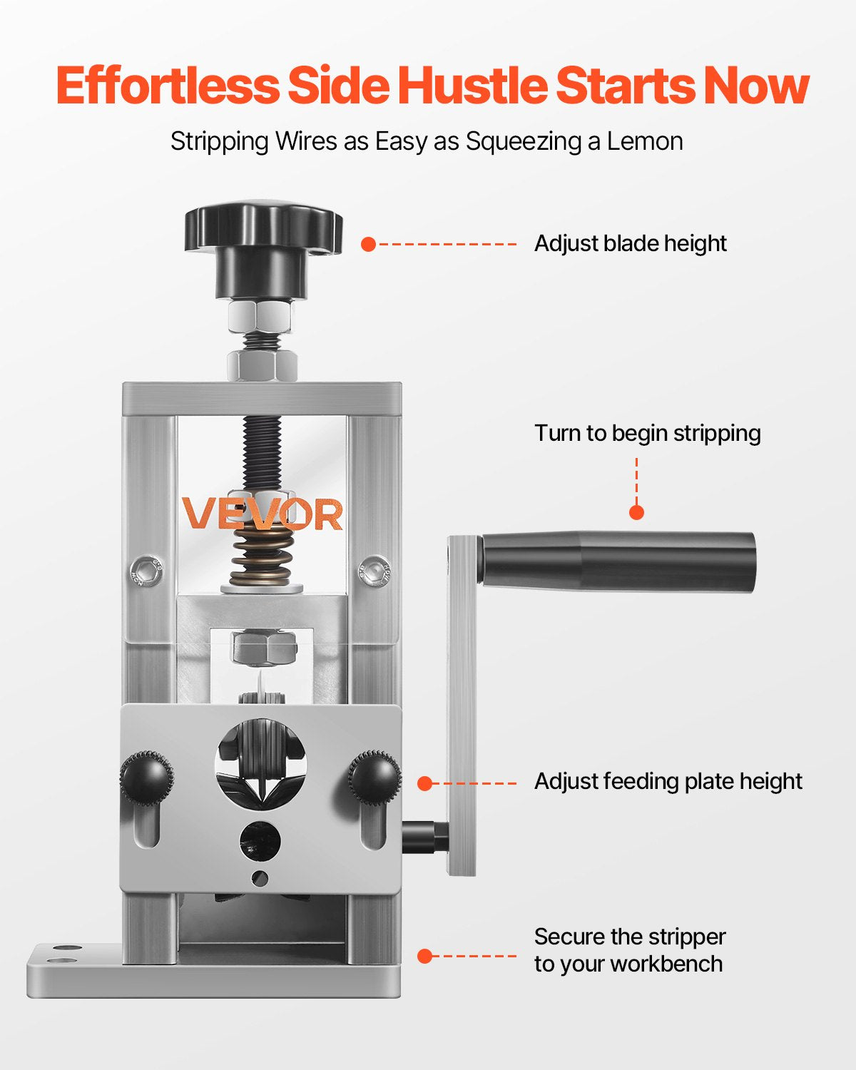 VEVOR Manual Wire Stripping Machine, 0.06-1 in, Copper Stripper with Hand Crank or Drill Powered, 64Mn Quenched Blades, 45# Steel Rollers, Aluminum Alloy Frame Wire Peeler, for Scrap Copper Recycling - FXBXJSDDDMNW2JHZTV0 - view 7