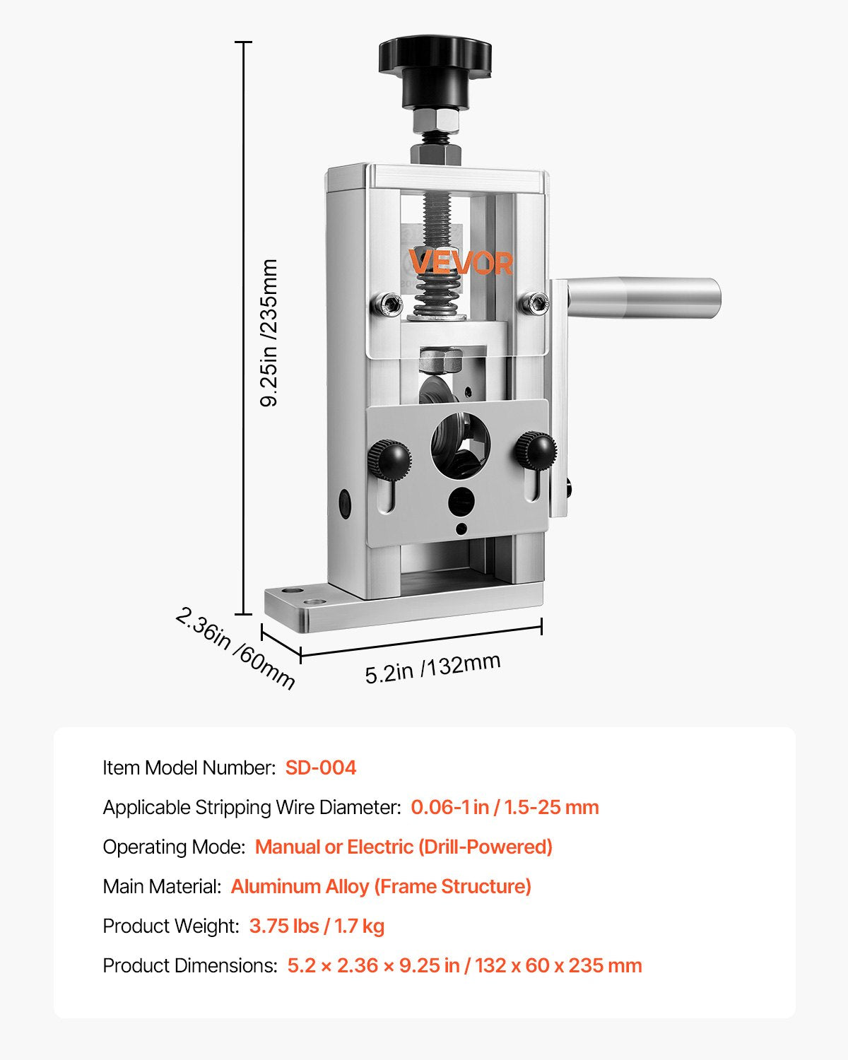 VEVOR Manual Wire Stripping Machine, 0.06-1 in, Copper Stripper with Hand Crank or Drill Powered, 64Mn Quenched Blades, 45# Steel Rollers, Aluminum Alloy Frame Wire Peeler, for Scrap Copper Recycling - FXBXJSDDDMNW2JHZTV0 - view 8