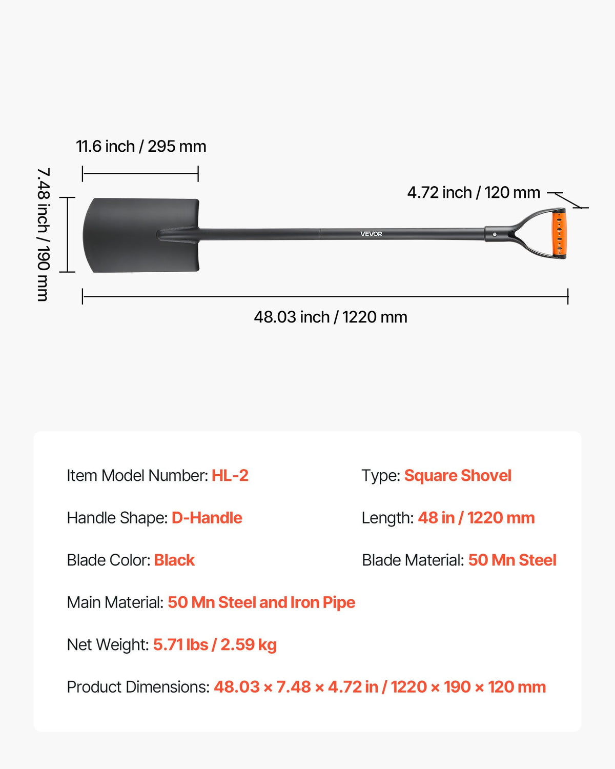 VEVOR Square Shovel, 48 in Heavy-Duty Flat Shovel, Transfer Shovels with Alloy Steel Blade and Non-Slip D-Handle, Detachable and Easy Storage, for Gardening, Construction, Digging, and Snow Shoveling - FXCDXBS48INCH0K34001V0 - view 8