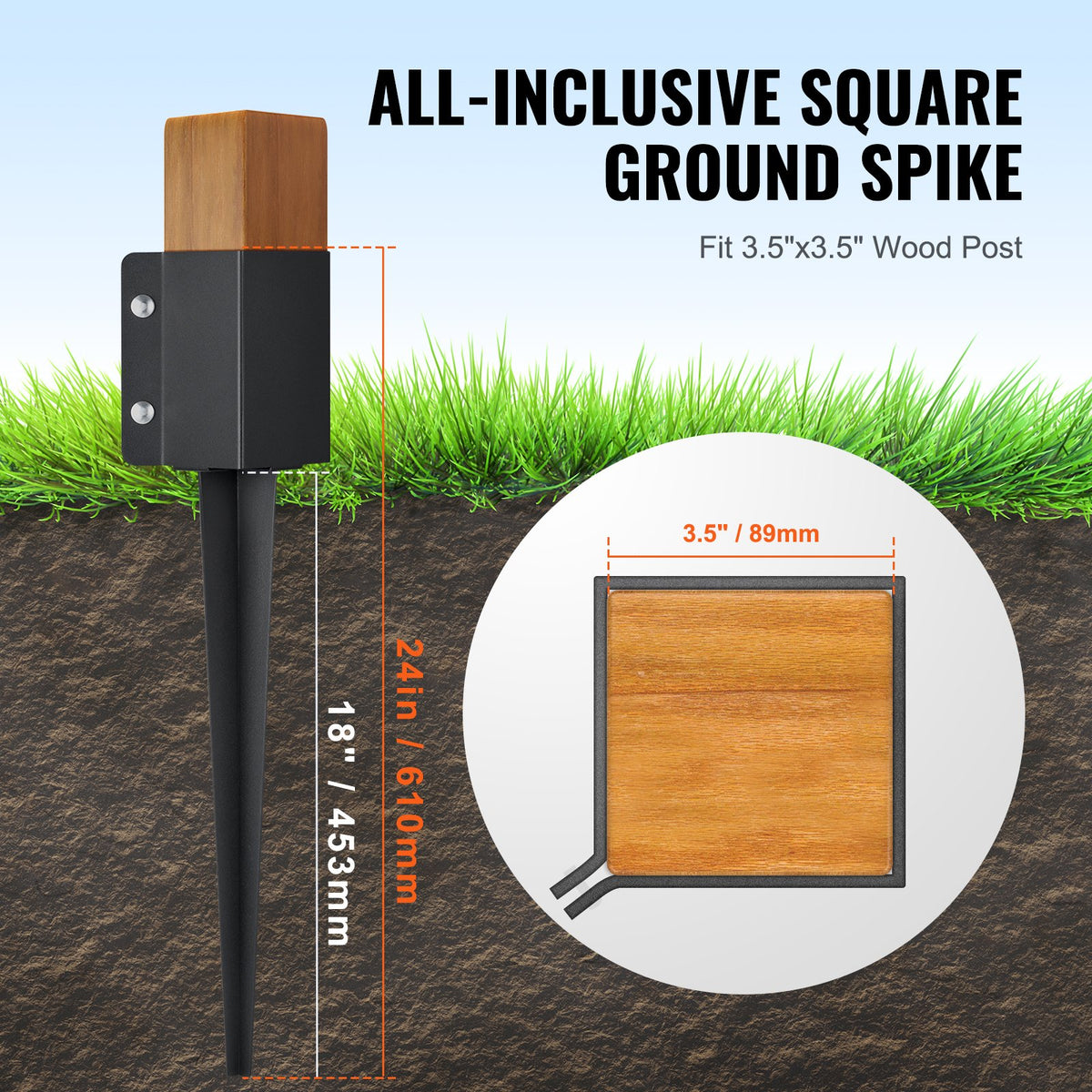 VEVOR Fence Post Anchor Ground Spike, 8 Pack 24 x 4 x 4 Inches Outer Diameter (Inner Diameter 3.5 x3.5 Inches), Metal Black Powder Coated Post Stake Ground, for Mailbox Deck Garden Railing - FXDD35YC24YCFUXF1V0 - view 5
